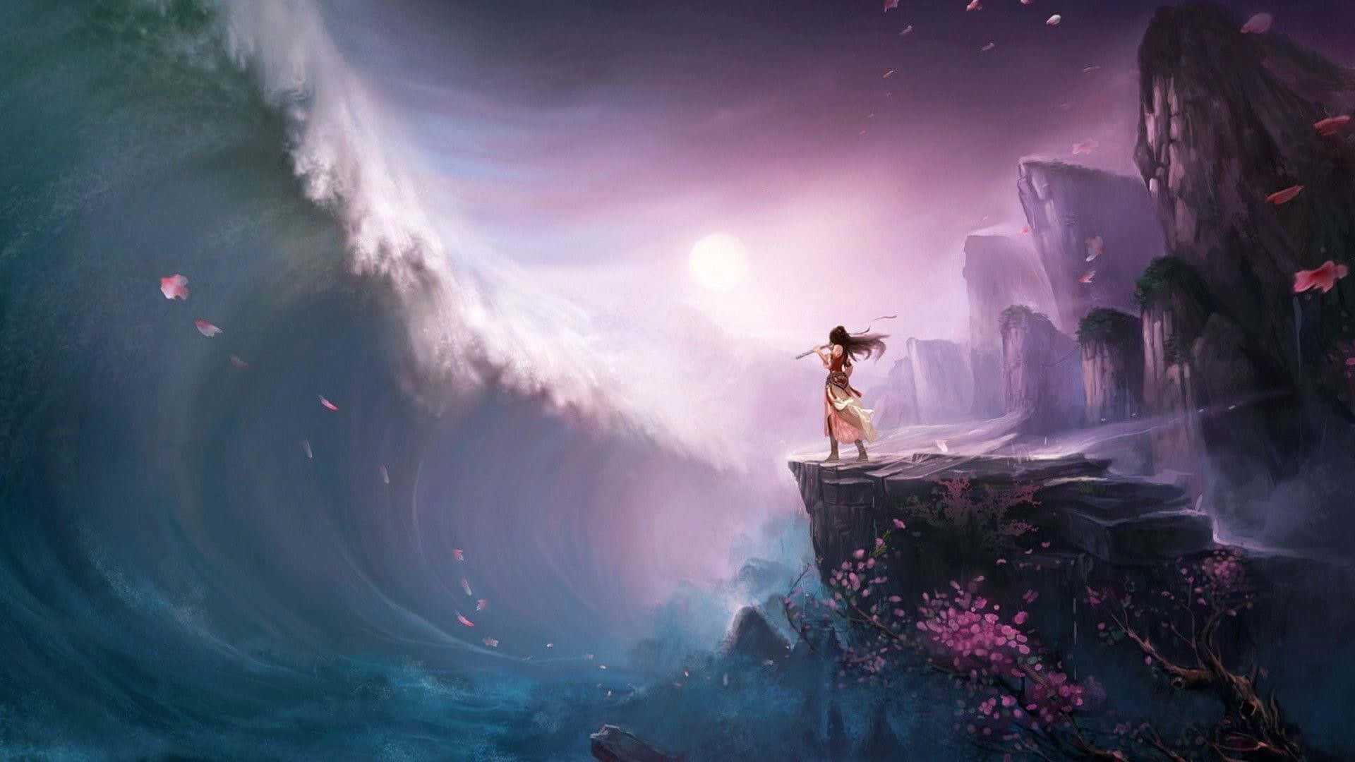 fantasy anime, cliff edge, colossal wave, Full HD Desktop Wallpaper