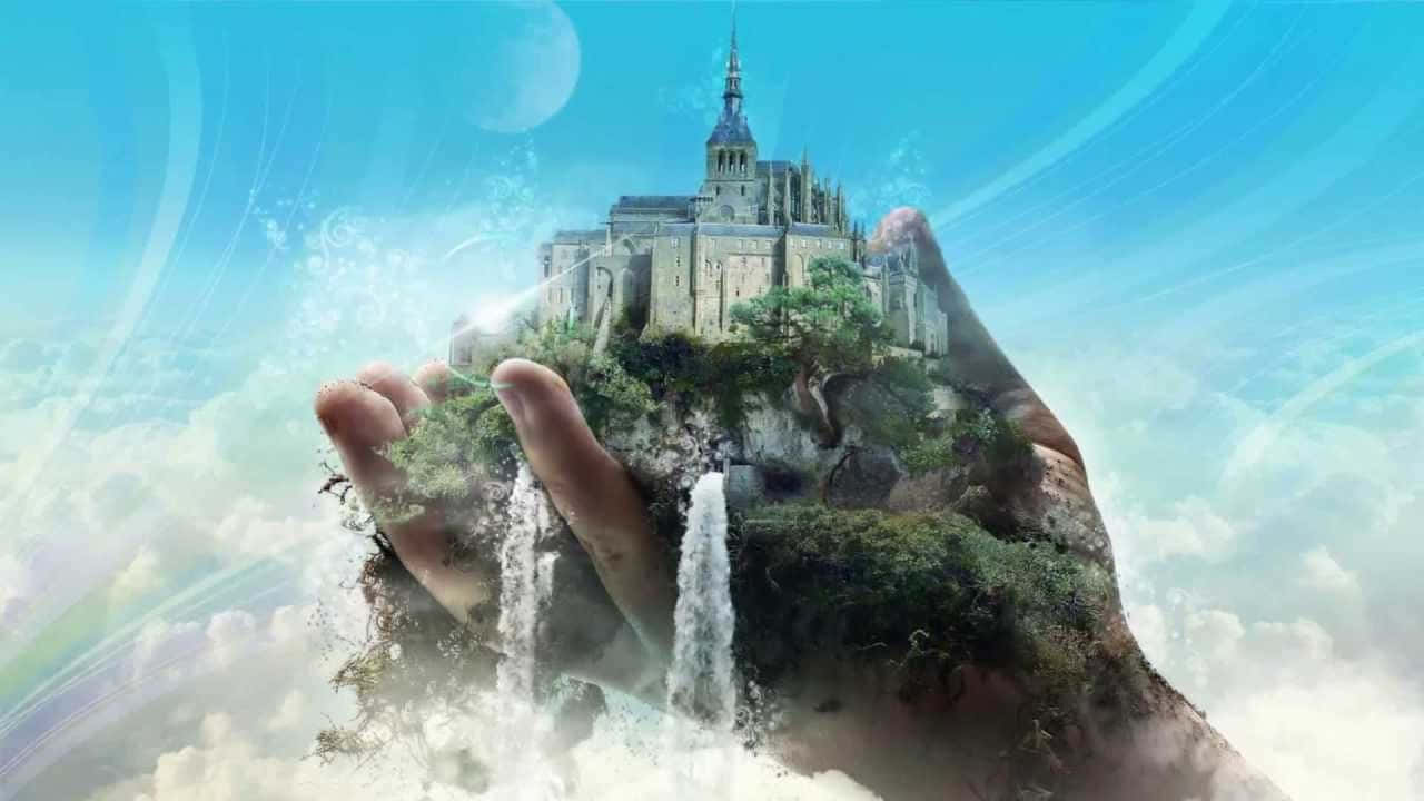 fantasy anime, floating island, castle waterfall, HD Desktop Wallpaper