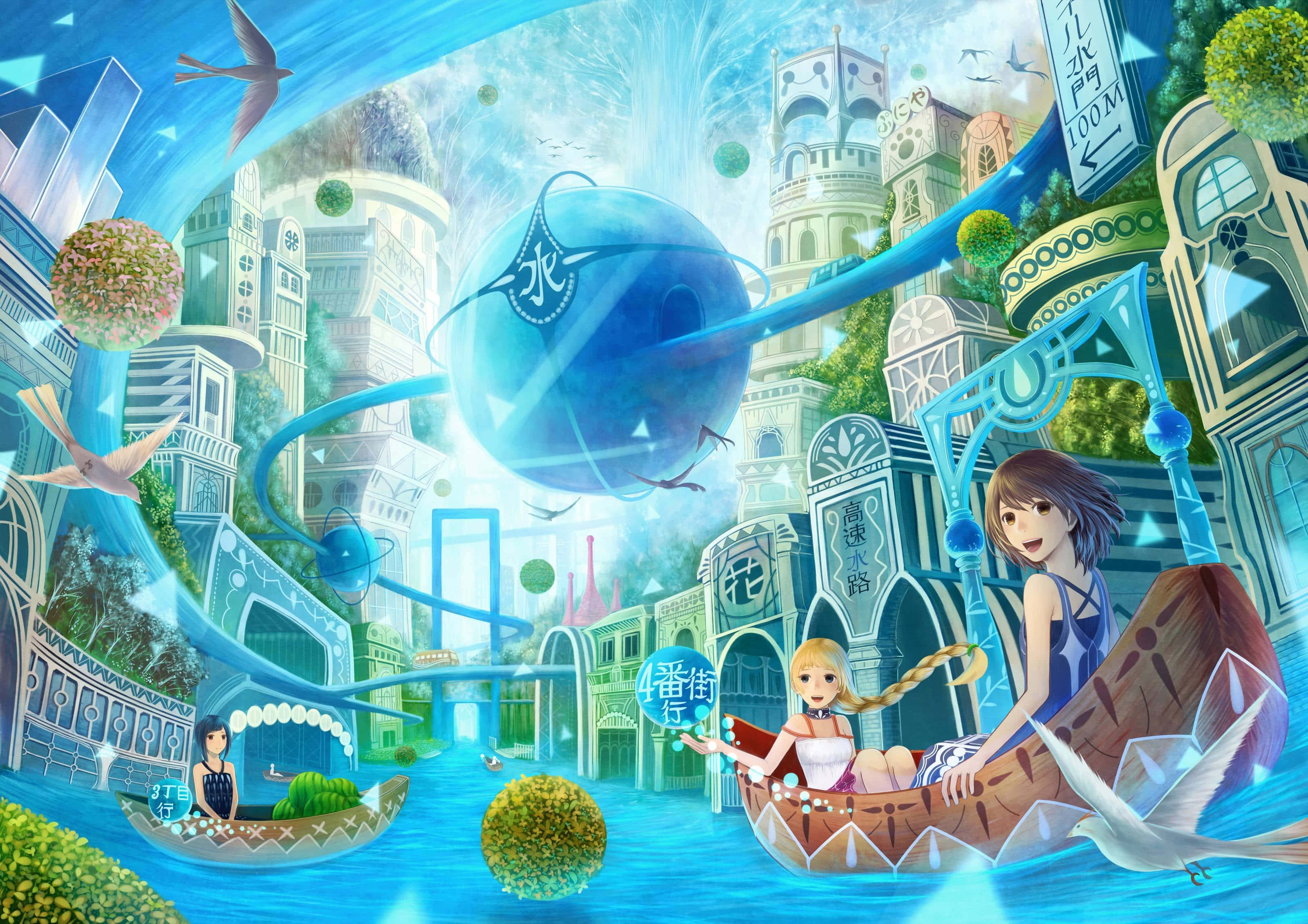 Fantasy Anime, crystal boats, vibrant blue futuristic cityscape, 2K Desktop Wallpaper