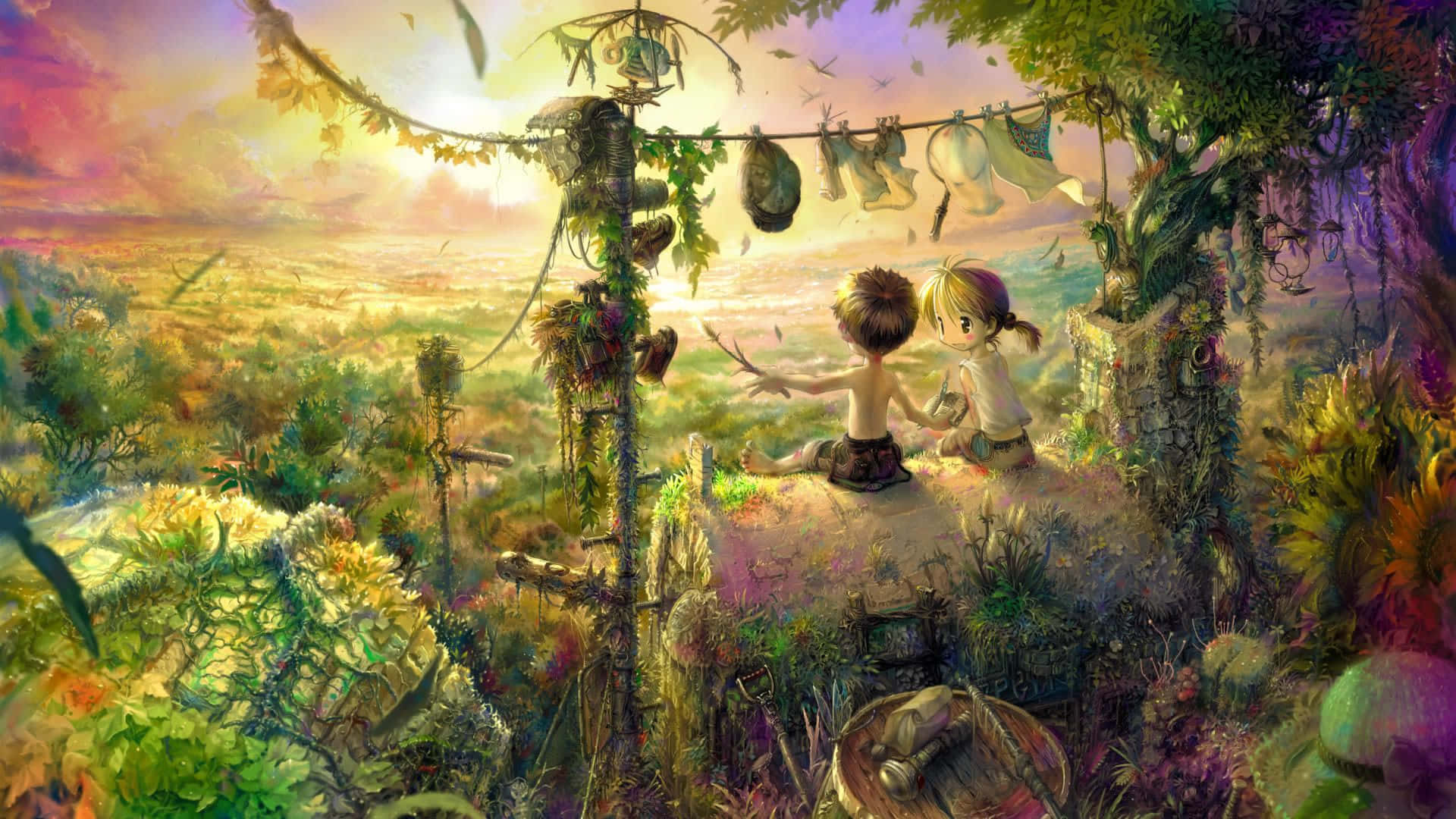 Fantasy Anime, mossy ledge, vibrant fantasy forest, Full HD Desktop Wallpaper