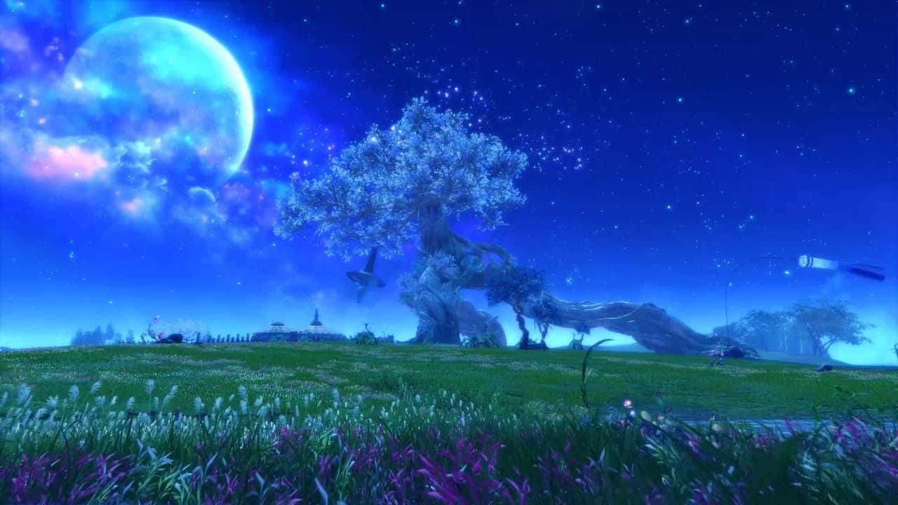Fantasy Anime, glowing tree, grassy hill, HD Desktop Wallpaper