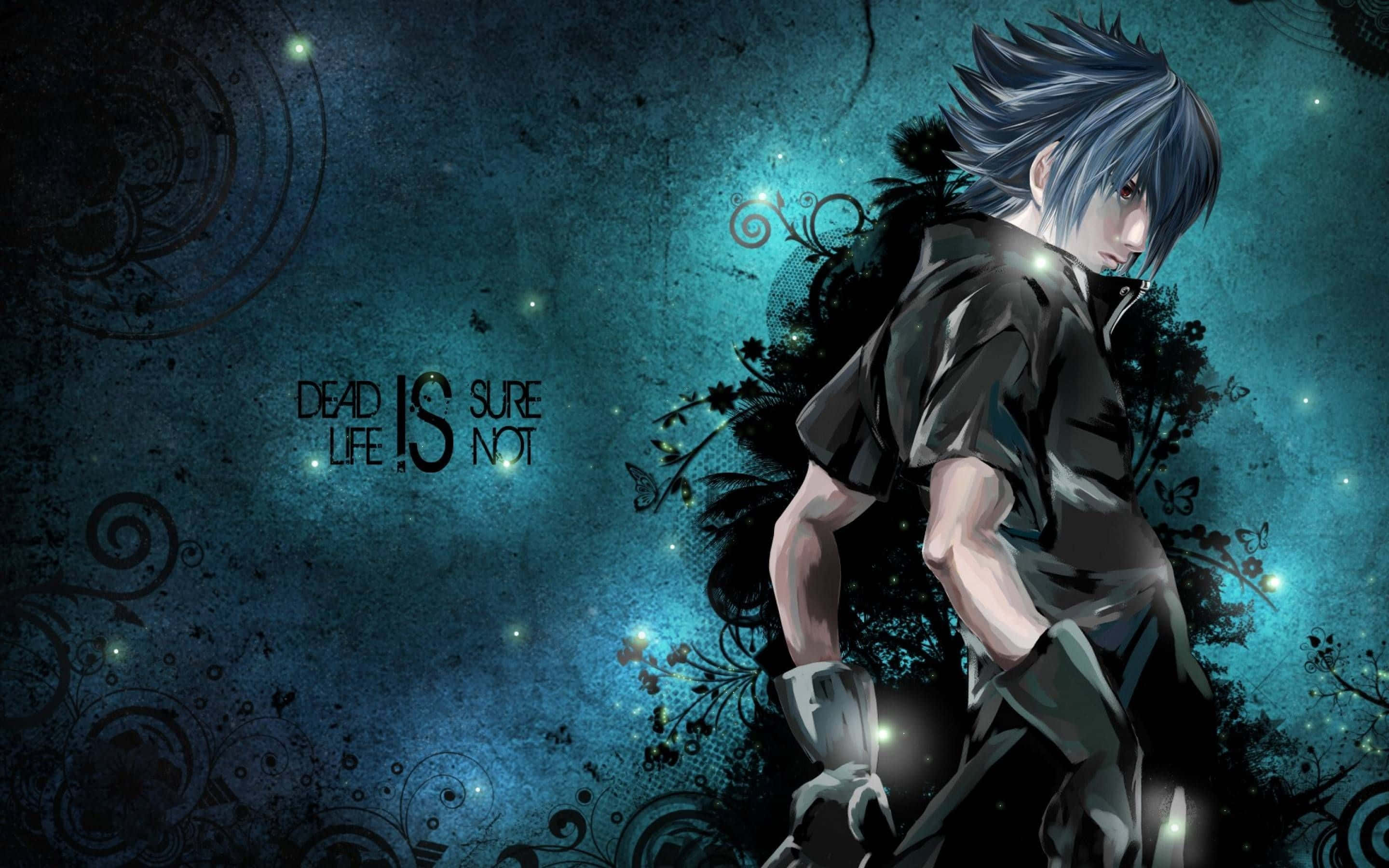 fantasy anime, spiky blue hair, dark teal textured background, 2K Desktop Wallpaper