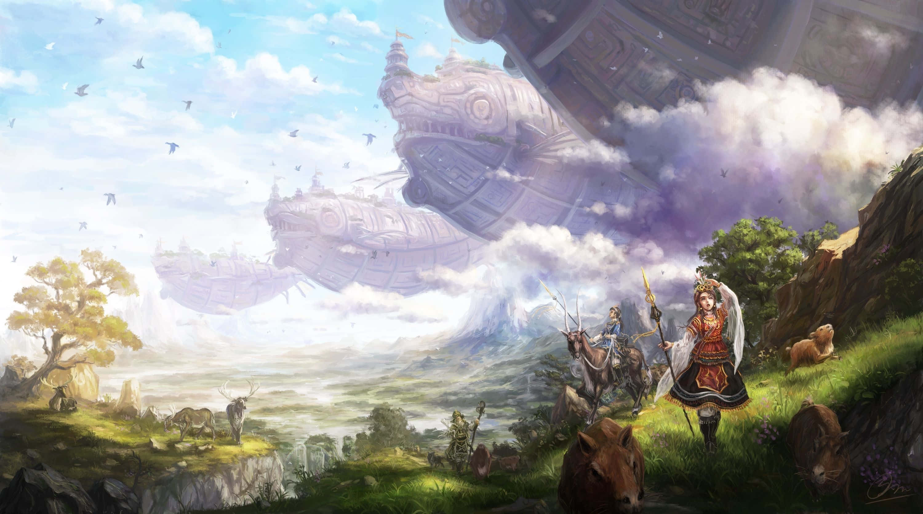 Fantasy Anime, floating ancient ships, valley, 2K Desktop Wallpaper