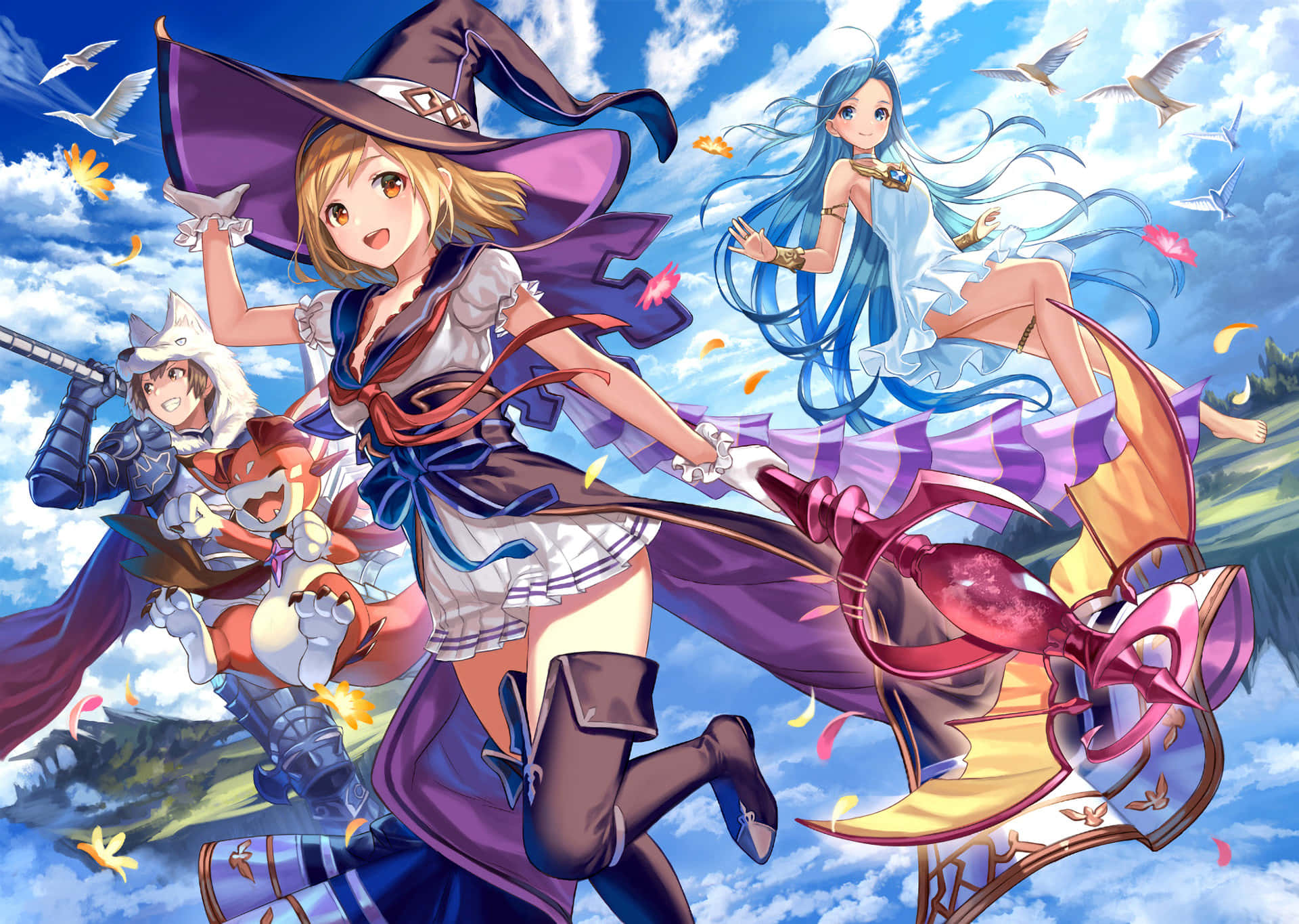 Fantasy Anime, bright blue sky, white clouds, Full HD Desktop Wallpaper