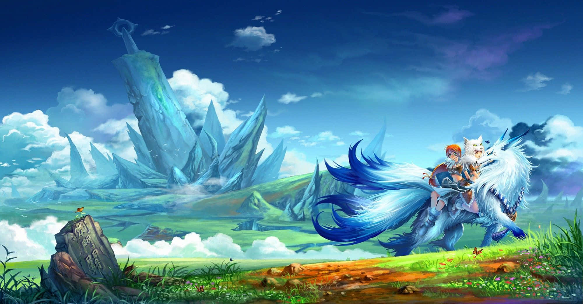 Fantasy Anime, blue and white winged creature, grassy field, Full HD Desktop Wallpaper