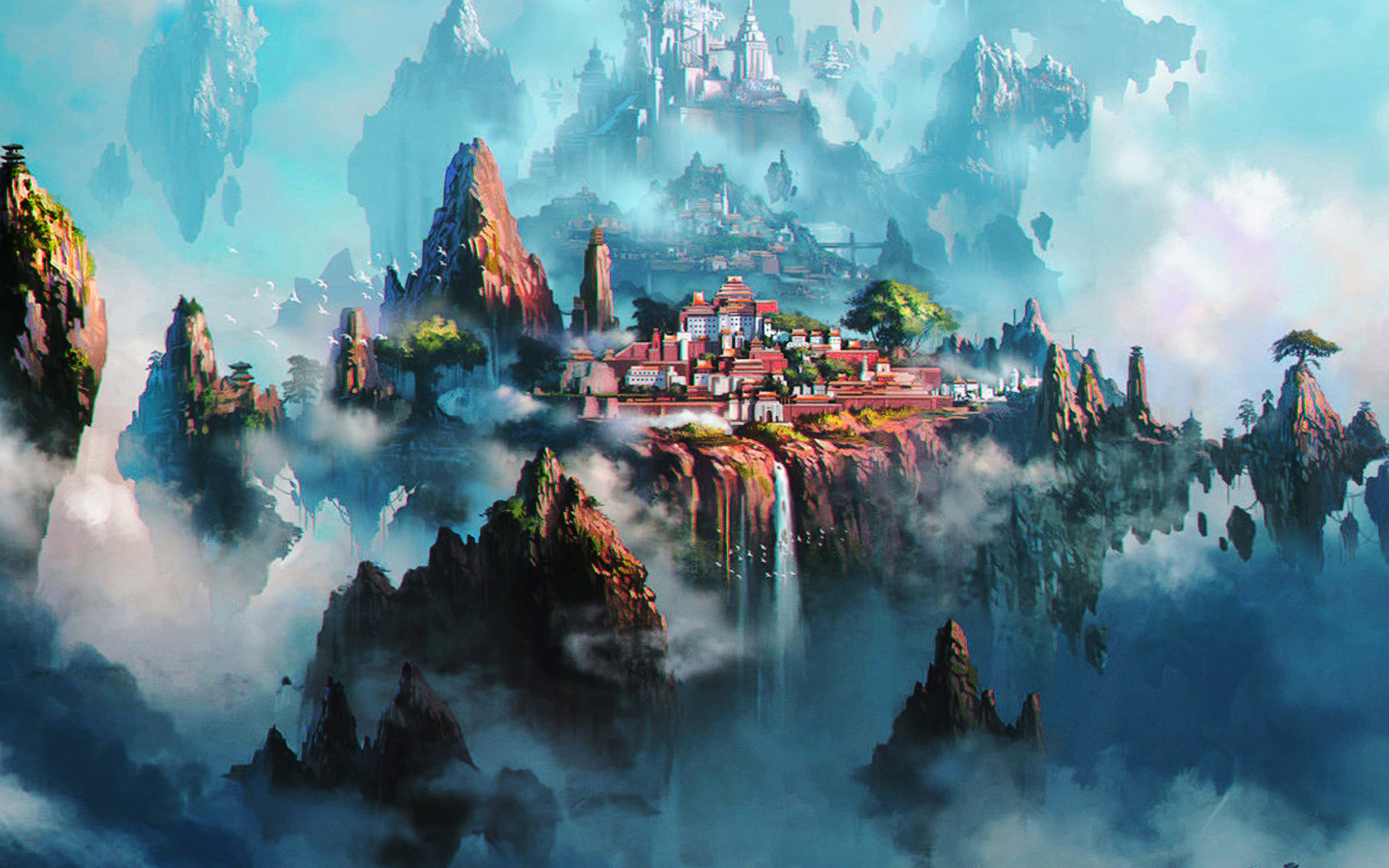 Fantasy Anime, mystical floating mountain village, red-roofed buildings, 4K Desktop Wallpaper