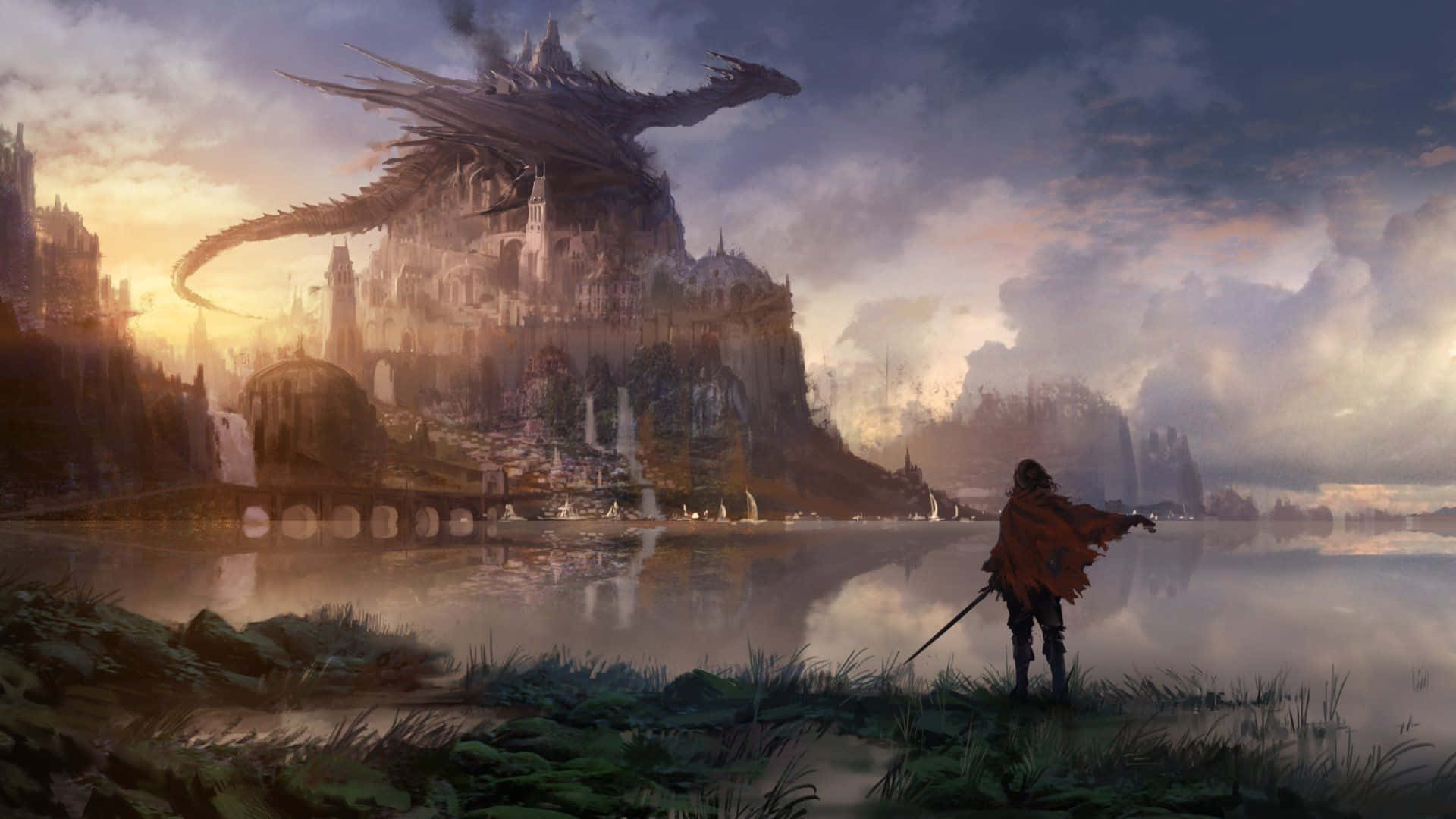 red cloak, colossal dragon, misty castle, Full HD Desktop Wallpaper
