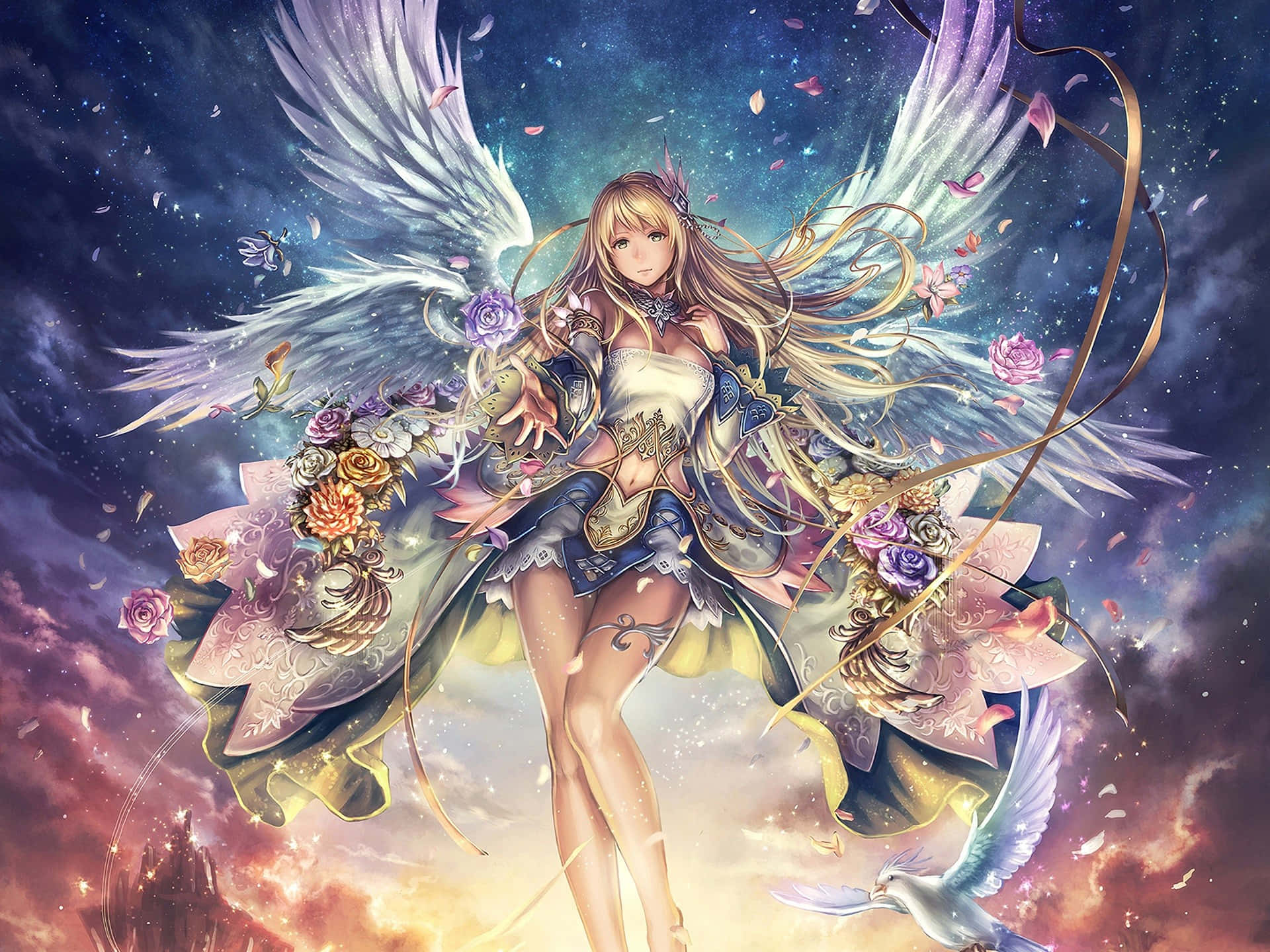 anime angel, flowing golden hair, large white wings, Full HD Desktop Wallpaper