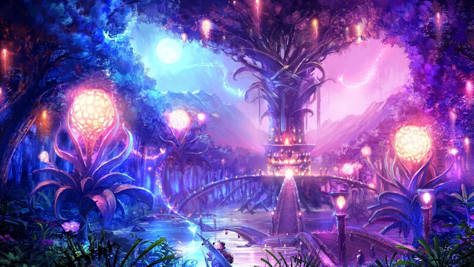 fantasy forest, neon pink and blue bioluminescent flora, mystical bridge, Full HD Desktop Wallpaper