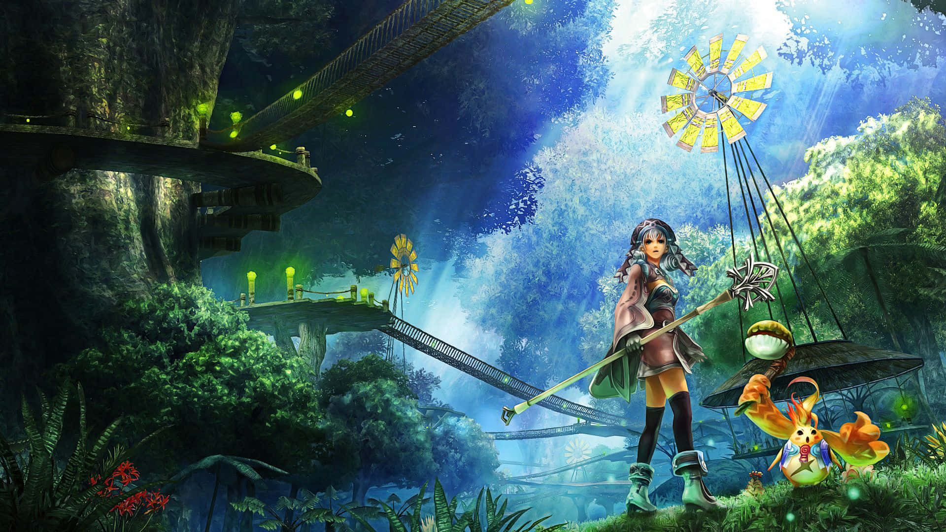 Fantasy Anime Girl, staff, lush jungle, Full HD Desktop Wallpaper
