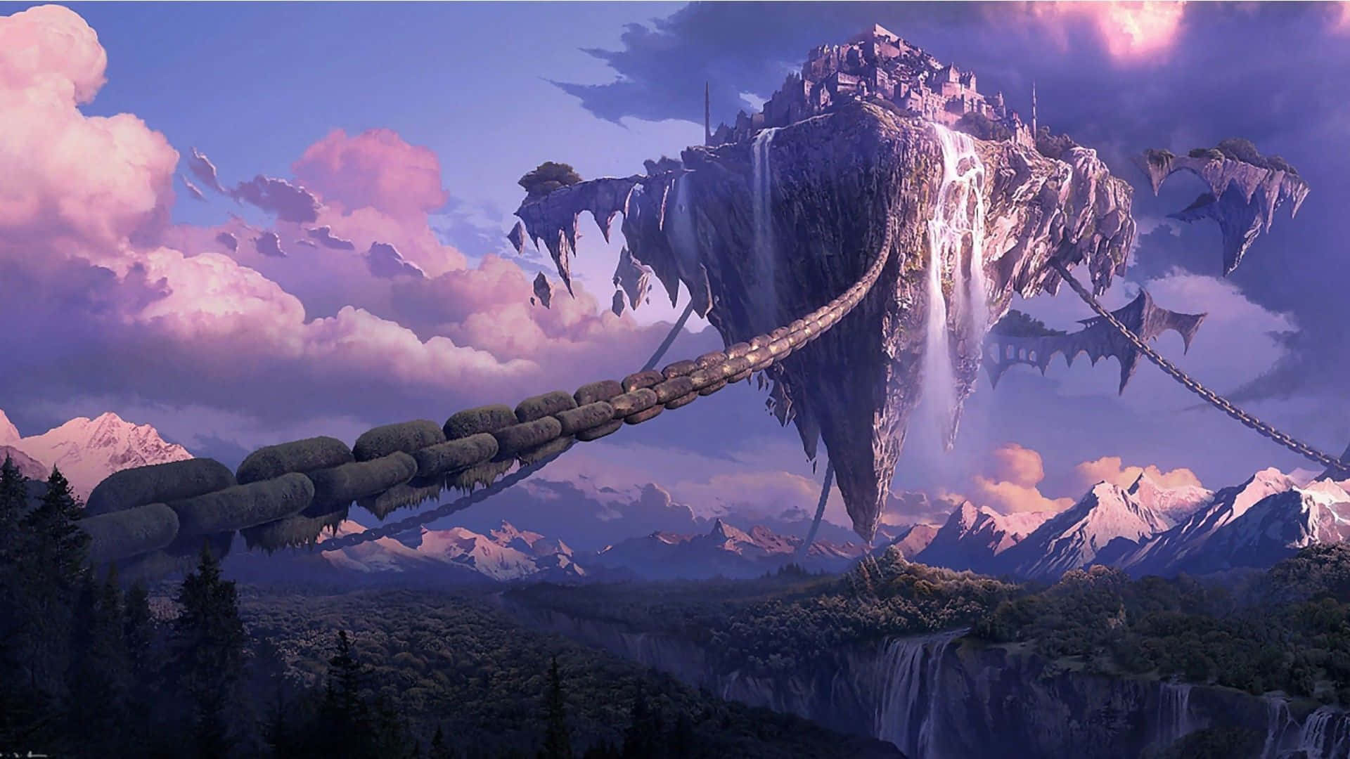 floating mountain fortress, cascading waterfalls, stone bridge, Full HD Desktop Wallpaper