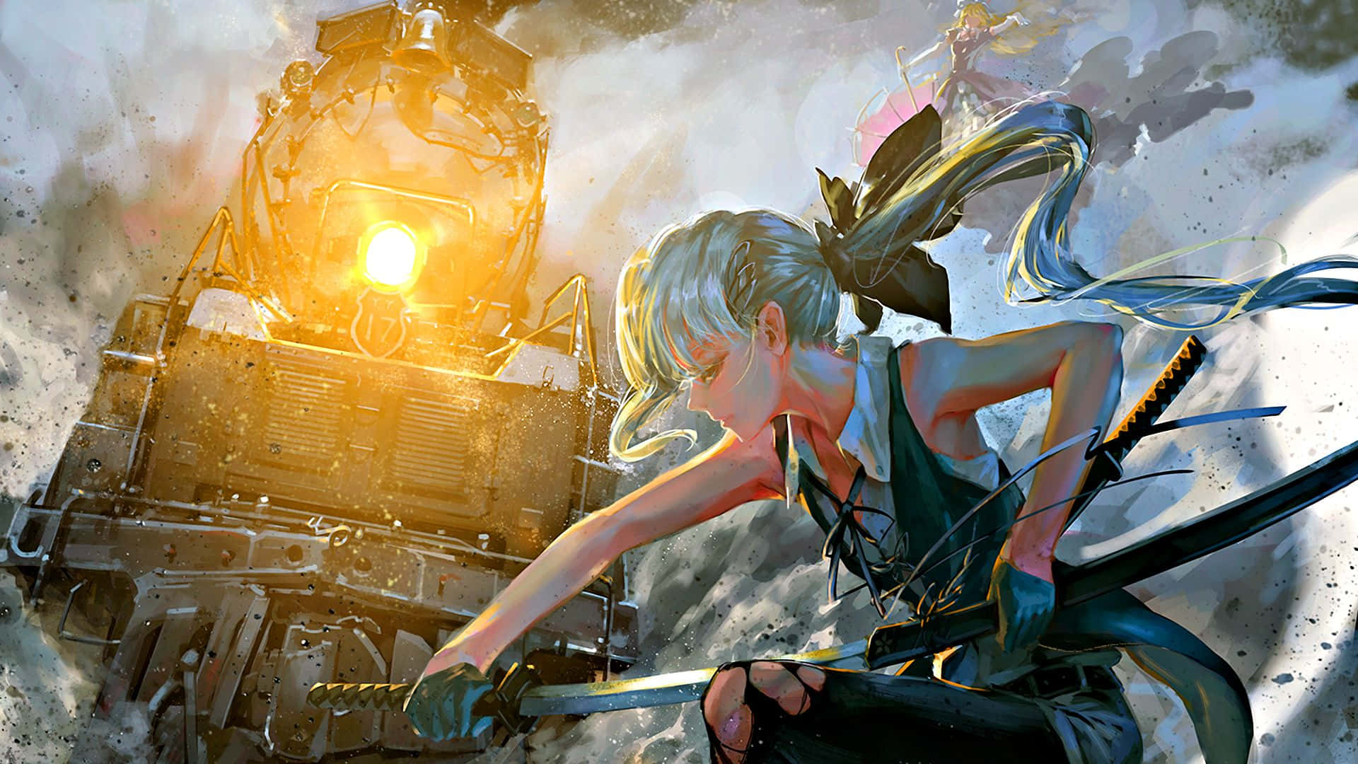 silver-haired anime warrior, katana, steam locomotive, Full HD Desktop Wallpaper