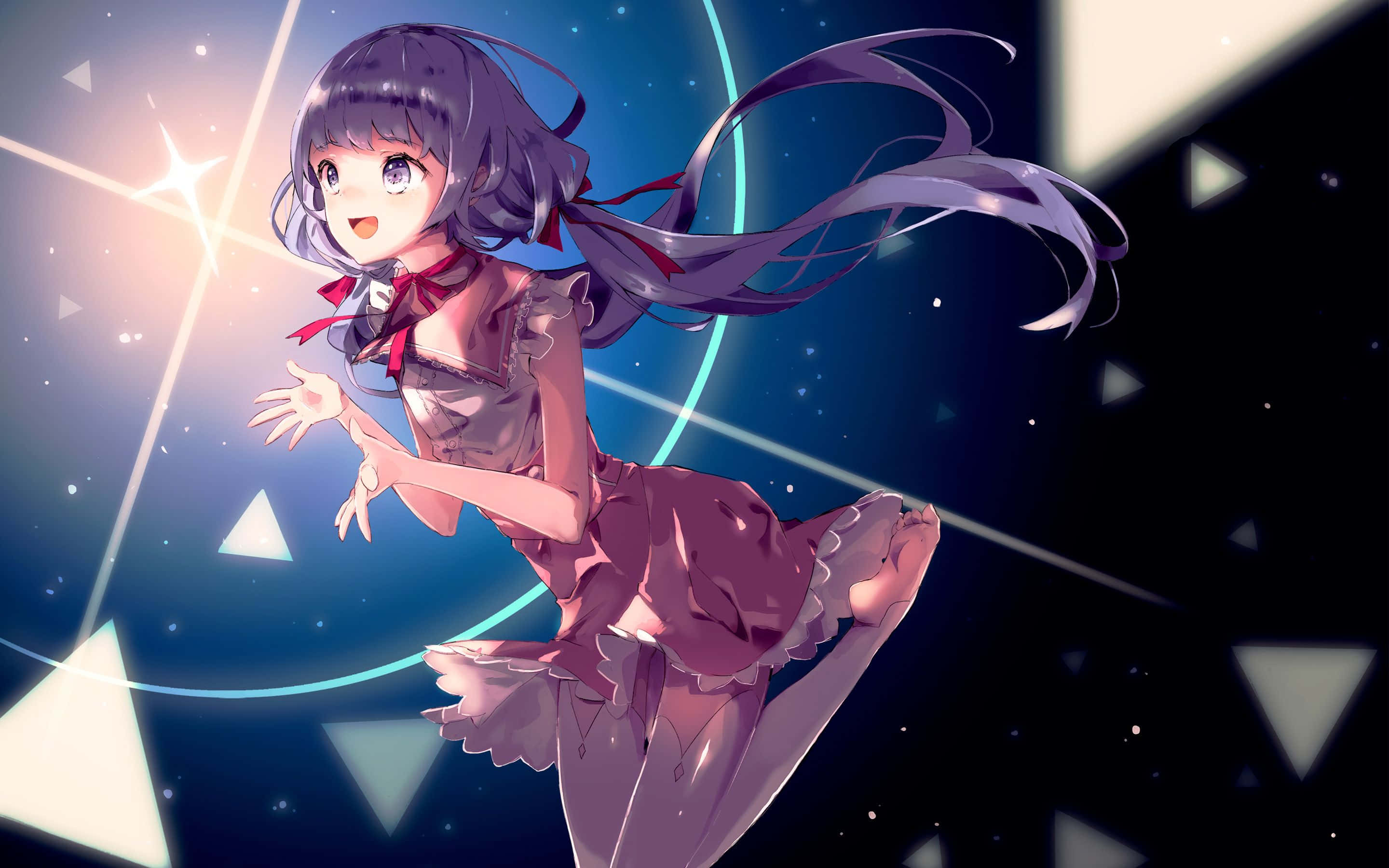 fantasy anime, purple hair, cosmic backdrop, 2K Desktop Wallpaper