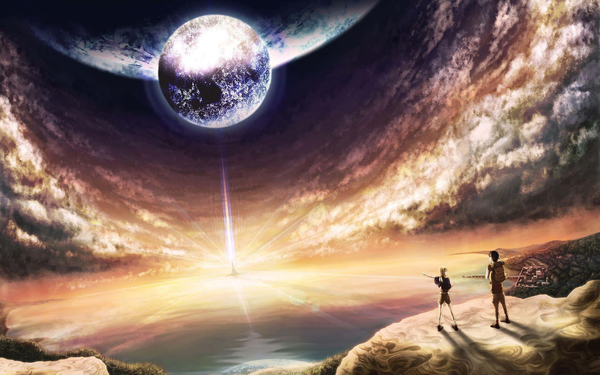 Fantasy Anime, cliff, glowing planet, Full HD Desktop Wallpaper