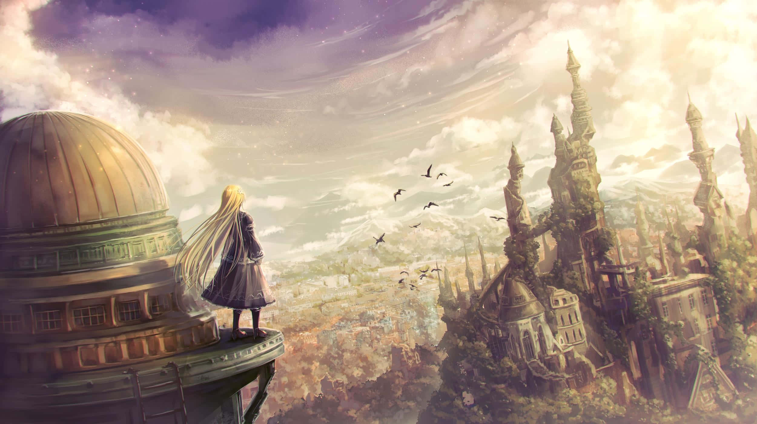 fantasy anime, anime girl, long blonde hair, Full HD Desktop Wallpaper