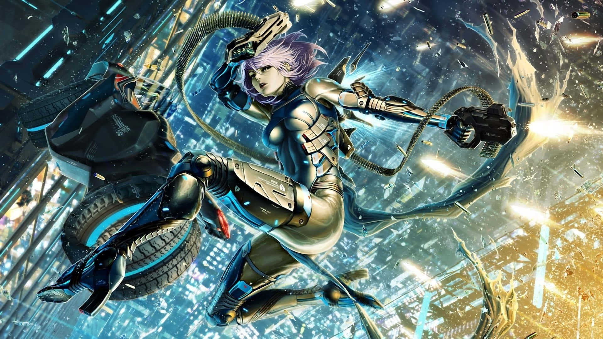 cyberpunk anime girl, purple hair, motorcycle, Full HD Desktop Wallpaper