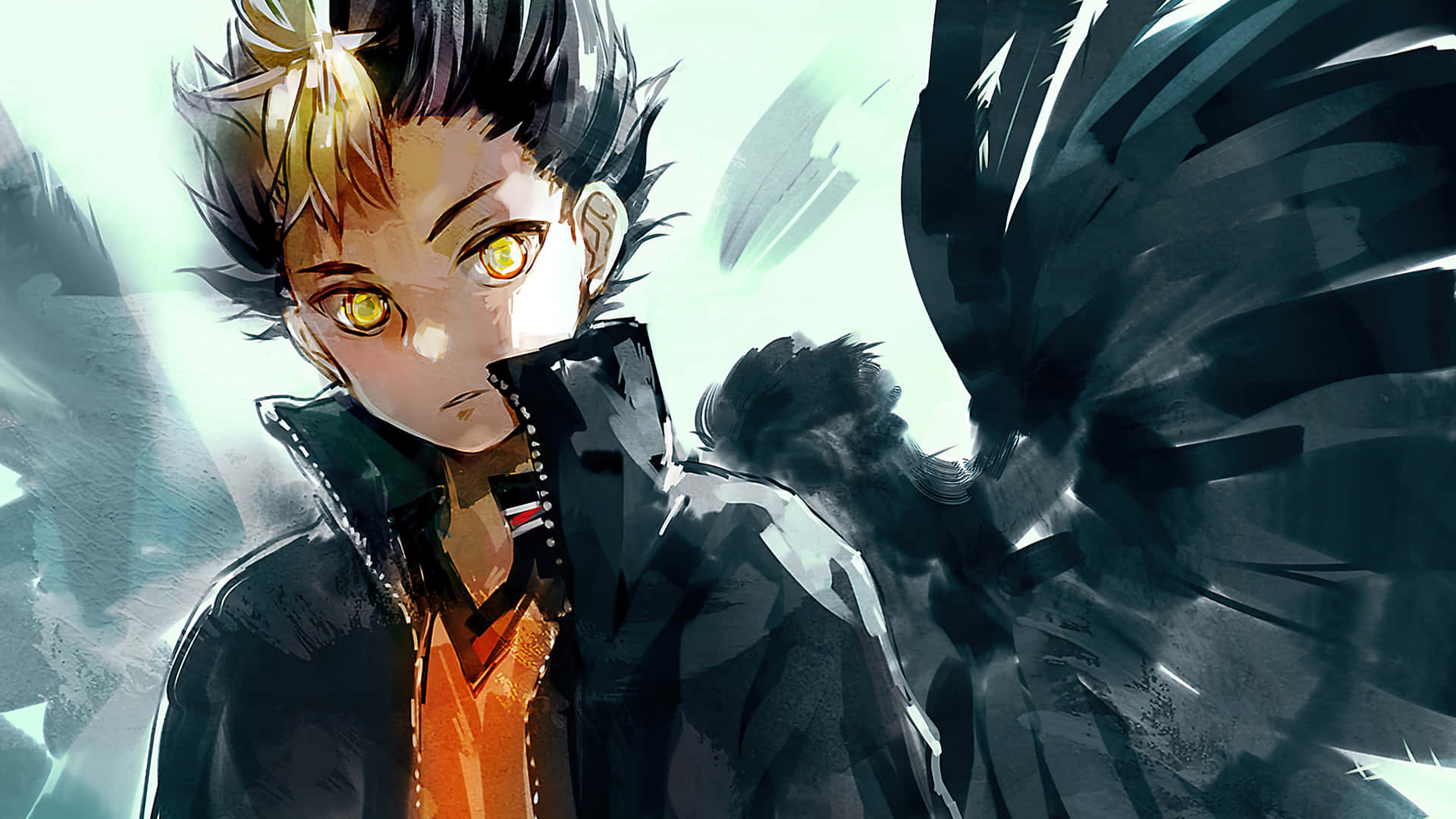 anime boy, spiky hair, glowing yellow eyes, Full HD Desktop Wallpaper