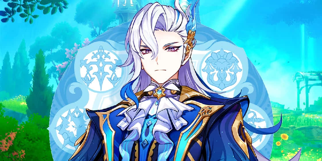 silver-haired anime character, ornate blue and gold armor, glowing mystical circle, SD Desktop Wallpaper