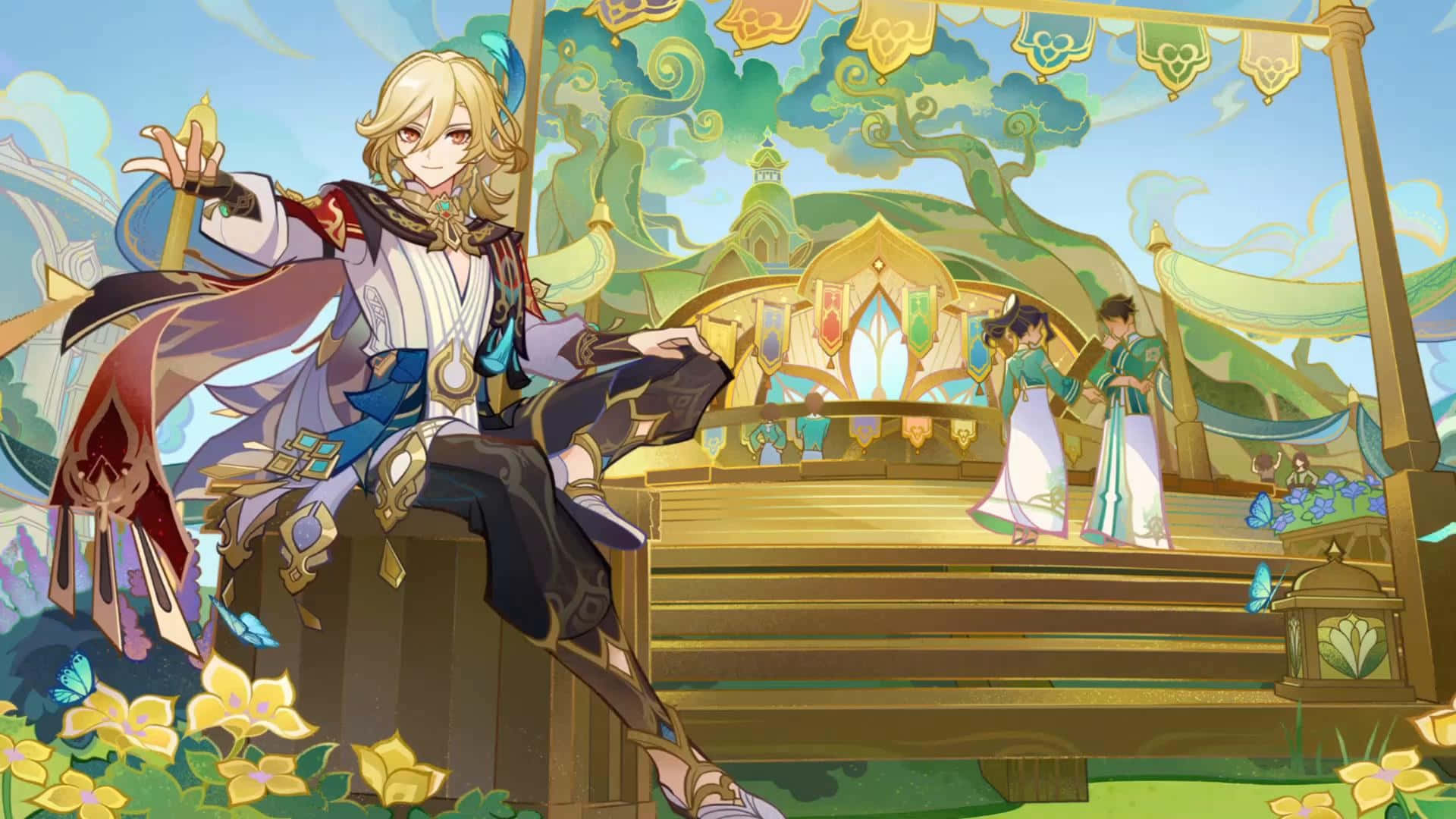blonde anime character, ornate robes, wooden platform, Full HD Desktop Wallpaper