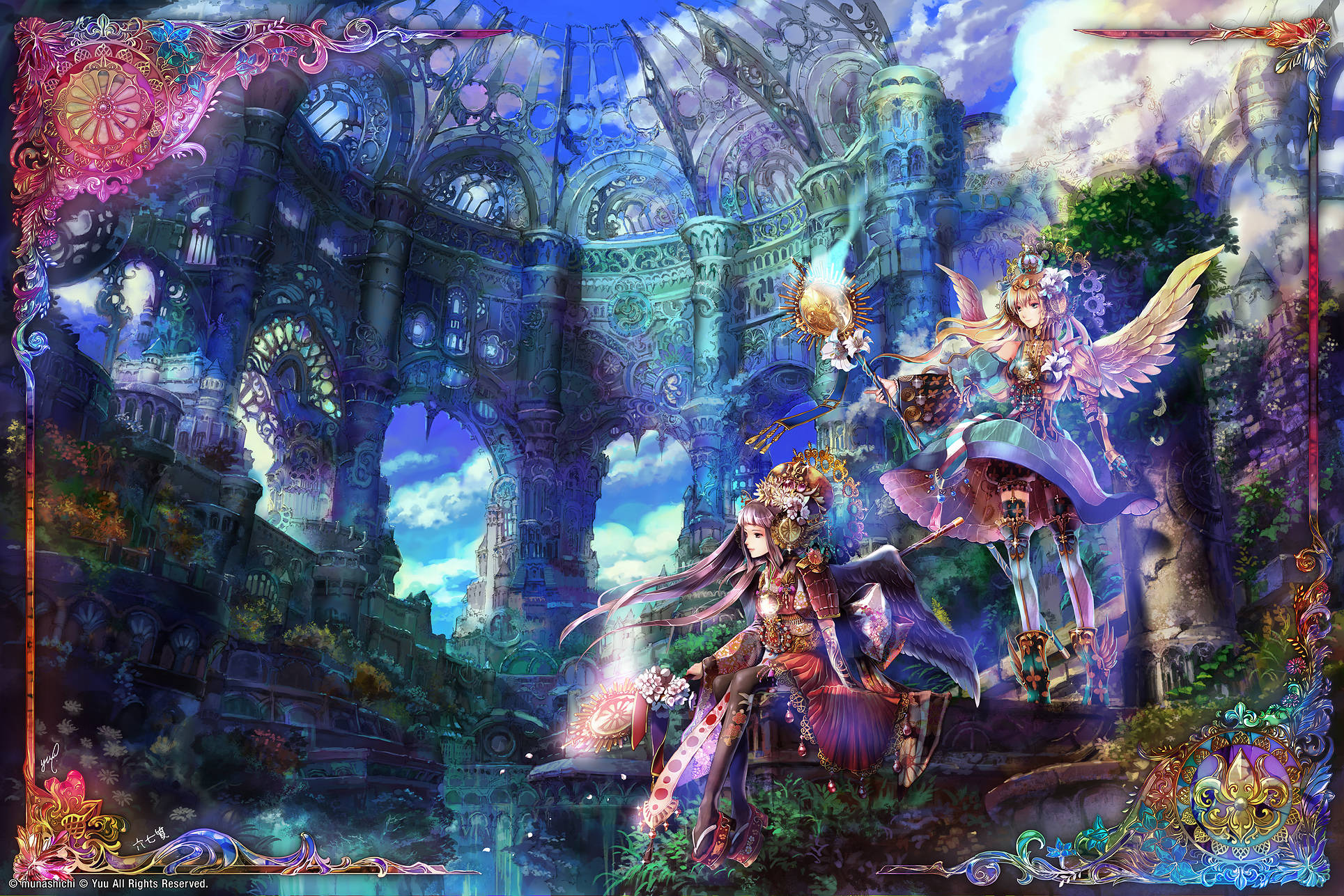 fantasy angels, wings, ruins of a grand cathedral, Full HD Desktop Wallpaper