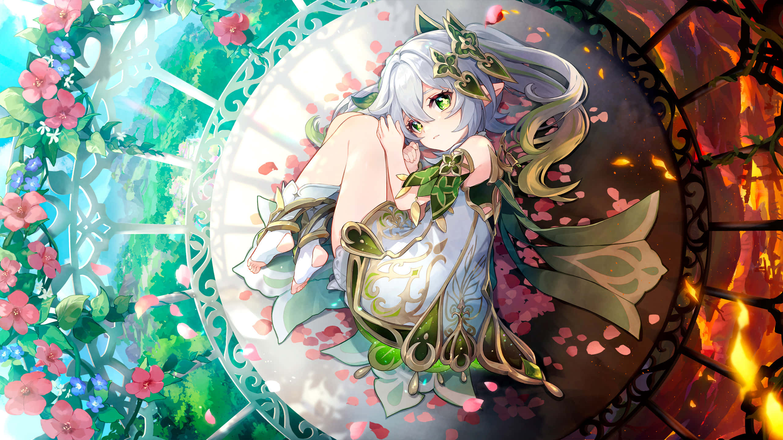 elven mystique, silver-haired anime girl, green eyes, 2K Desktop Wallpaper