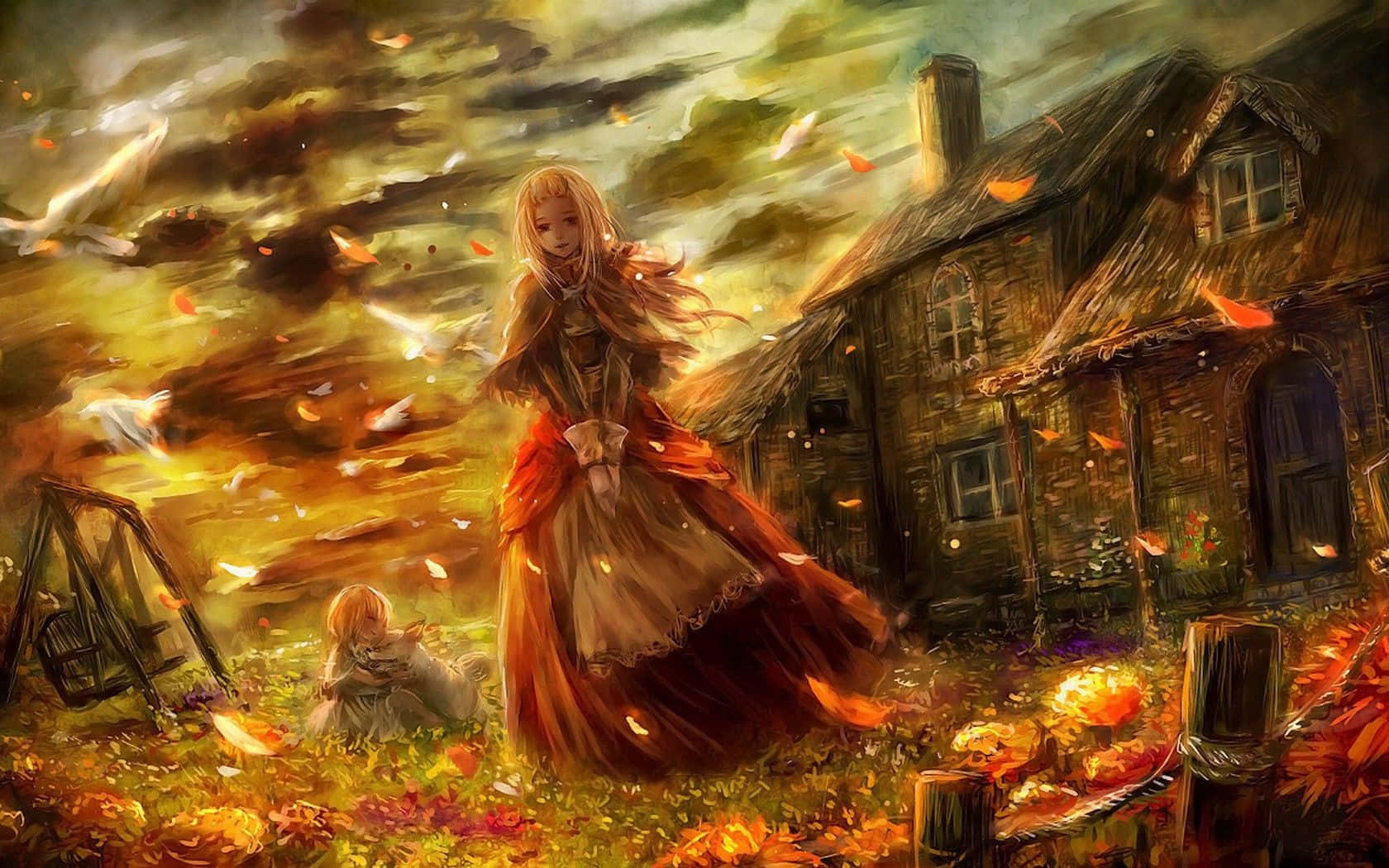 Fantasy Anime, red dress, golden autumn field, HD Desktop Wallpaper