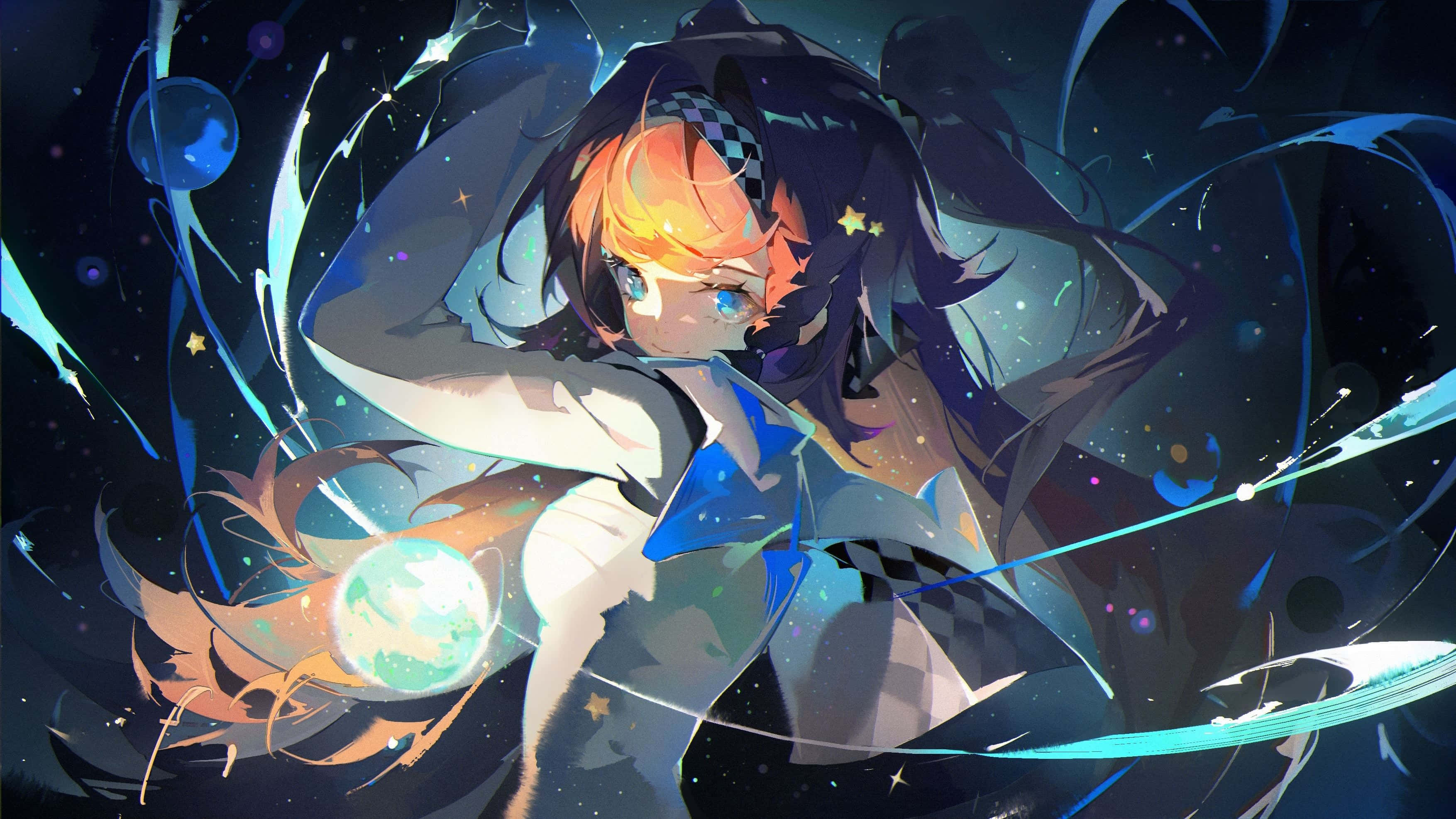 Cosmic Dream Anime Art, orange hair, checkered headband, 2K Desktop Wallpaper