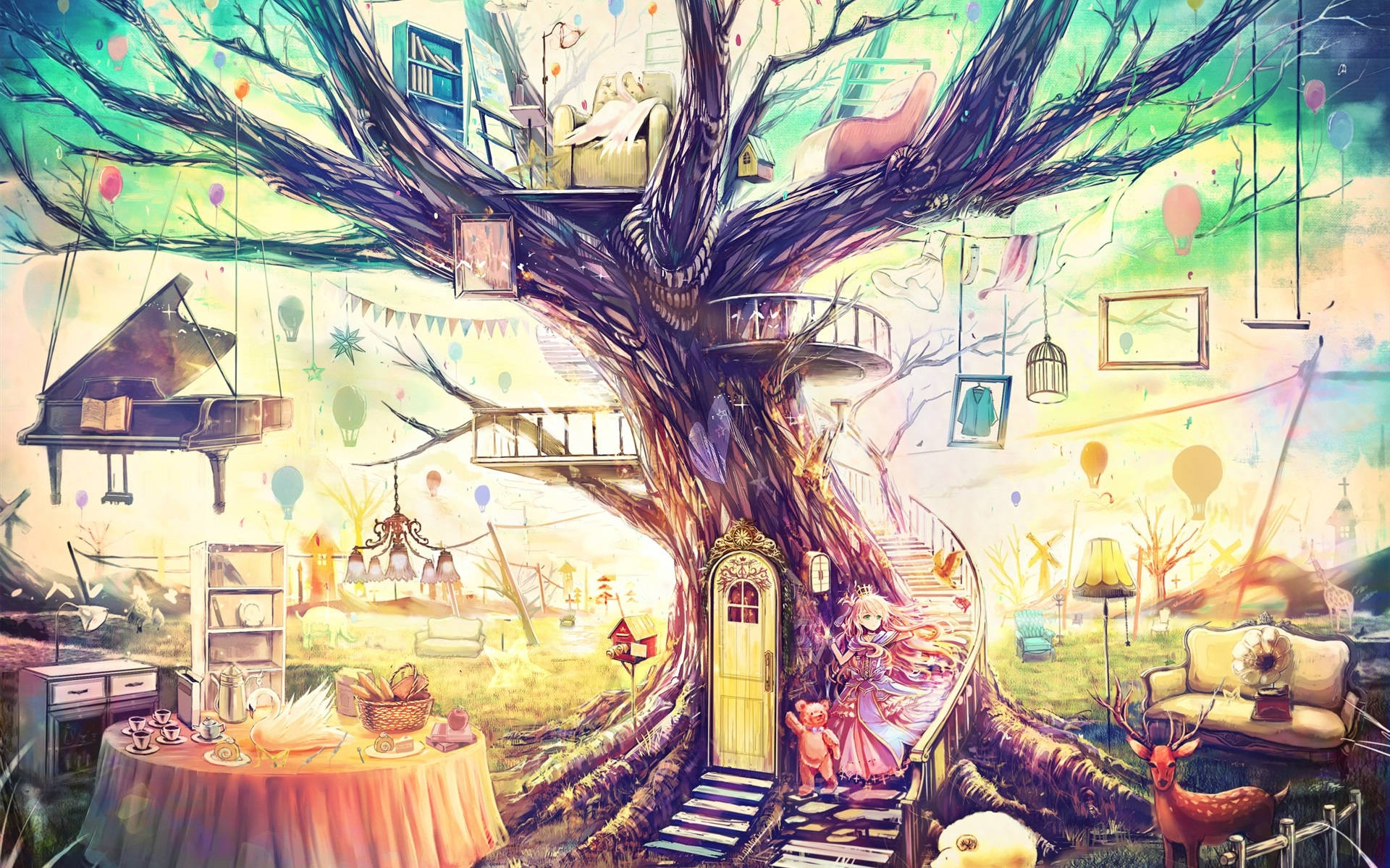 Fantasy Tree, anime art, treehouse, Full HD Desktop Wallpaper