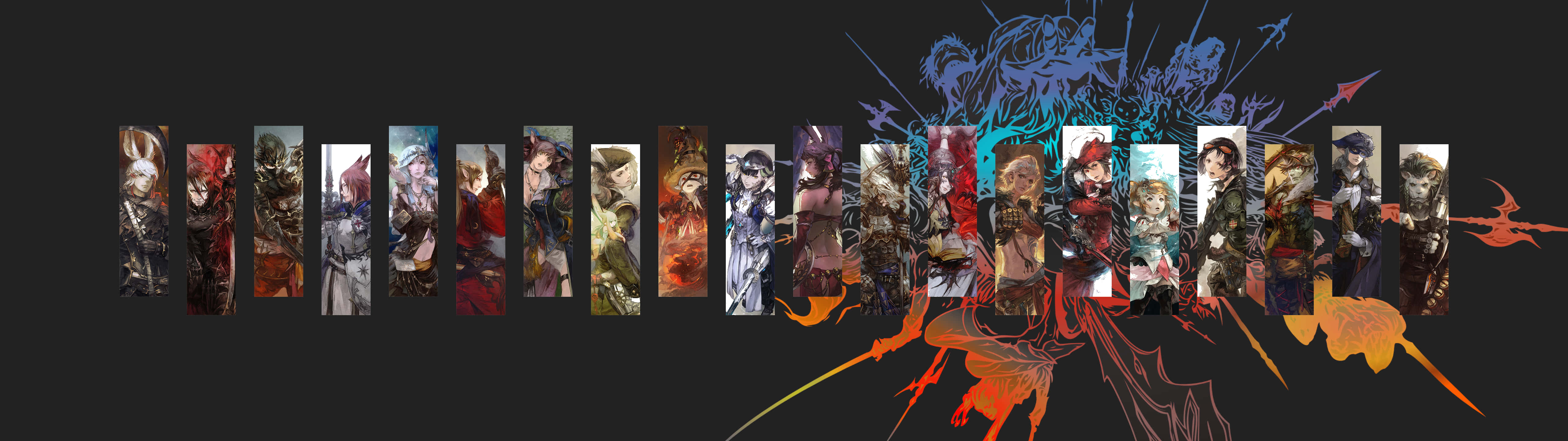 Fantasy_ Character_ Montage_ Super_ Ultra_ Wide, anime-style character portraits, dark background, 5K Desktop Wallpaper