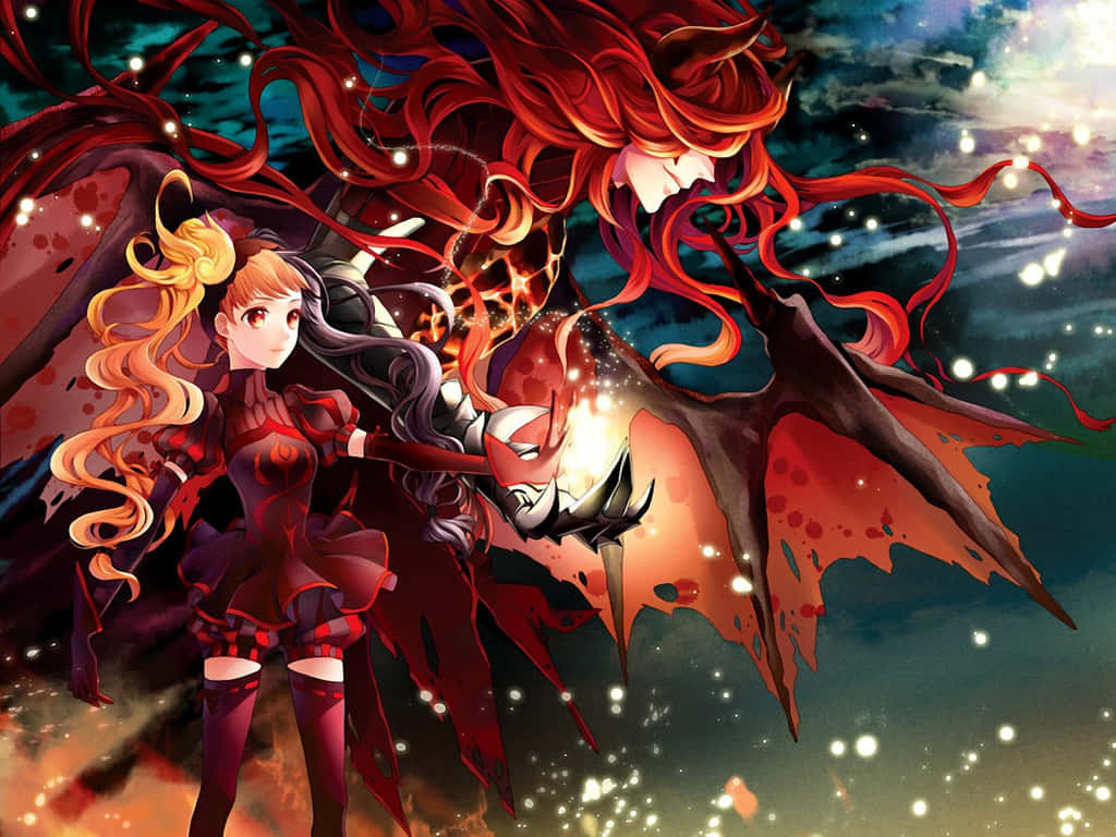 fantasy anime, fiery-haired anime girl, wings, SD Desktop Wallpaper