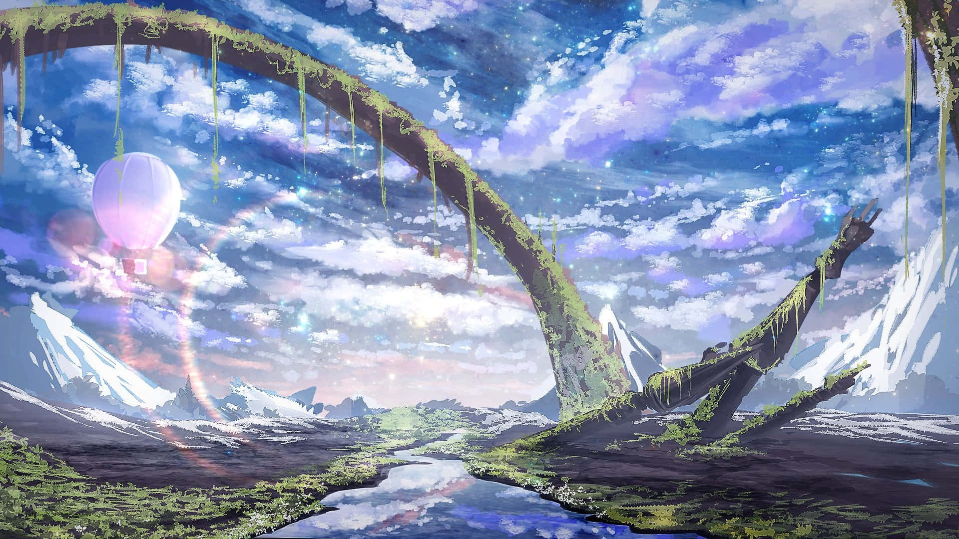 Fantasy Anime Landscape, surreal landscape, giant mossy tree, Full HD Desktop Wallpaper