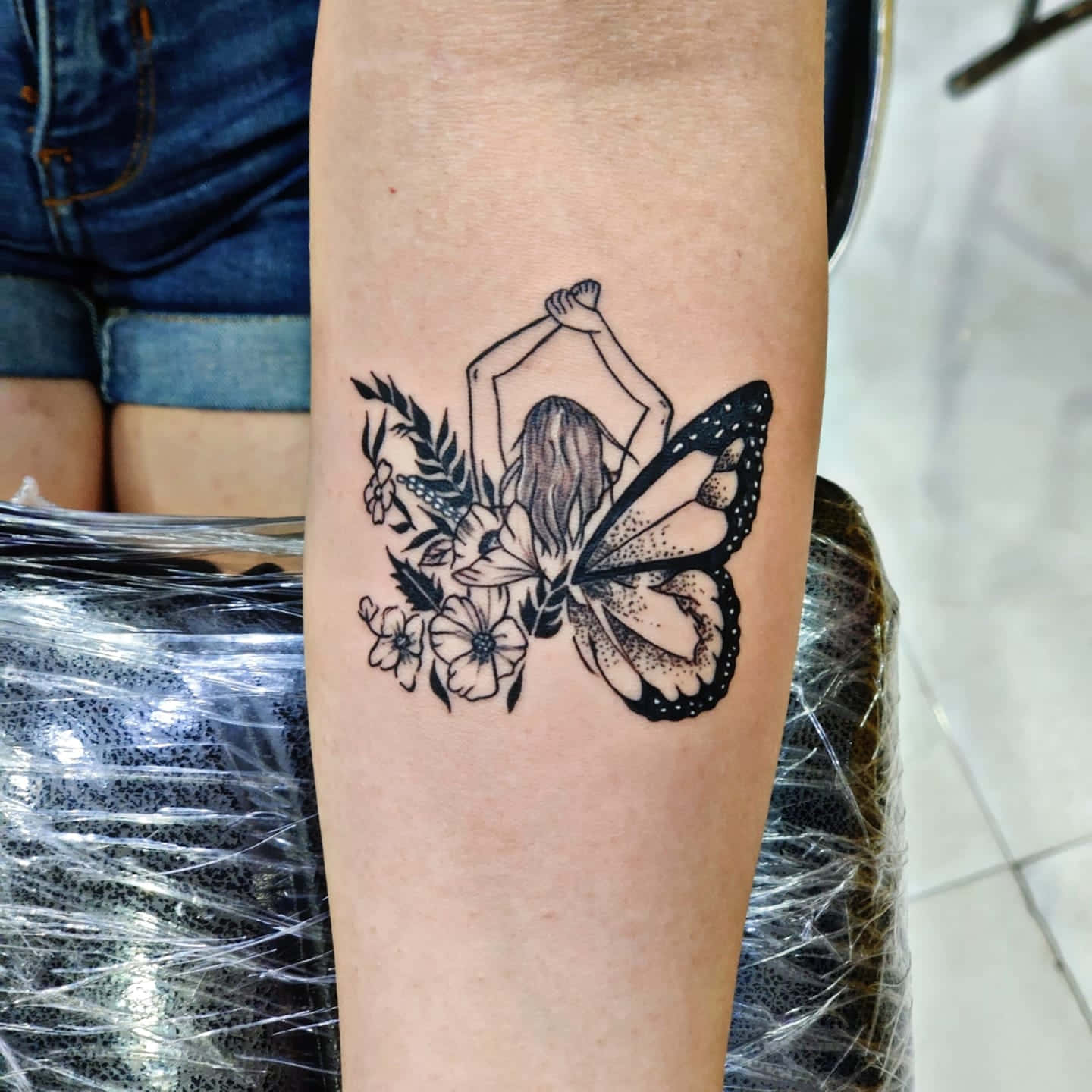 butterfly winged figure, black and white tattoo, girl with long hair, HD Desktop Wallpaper