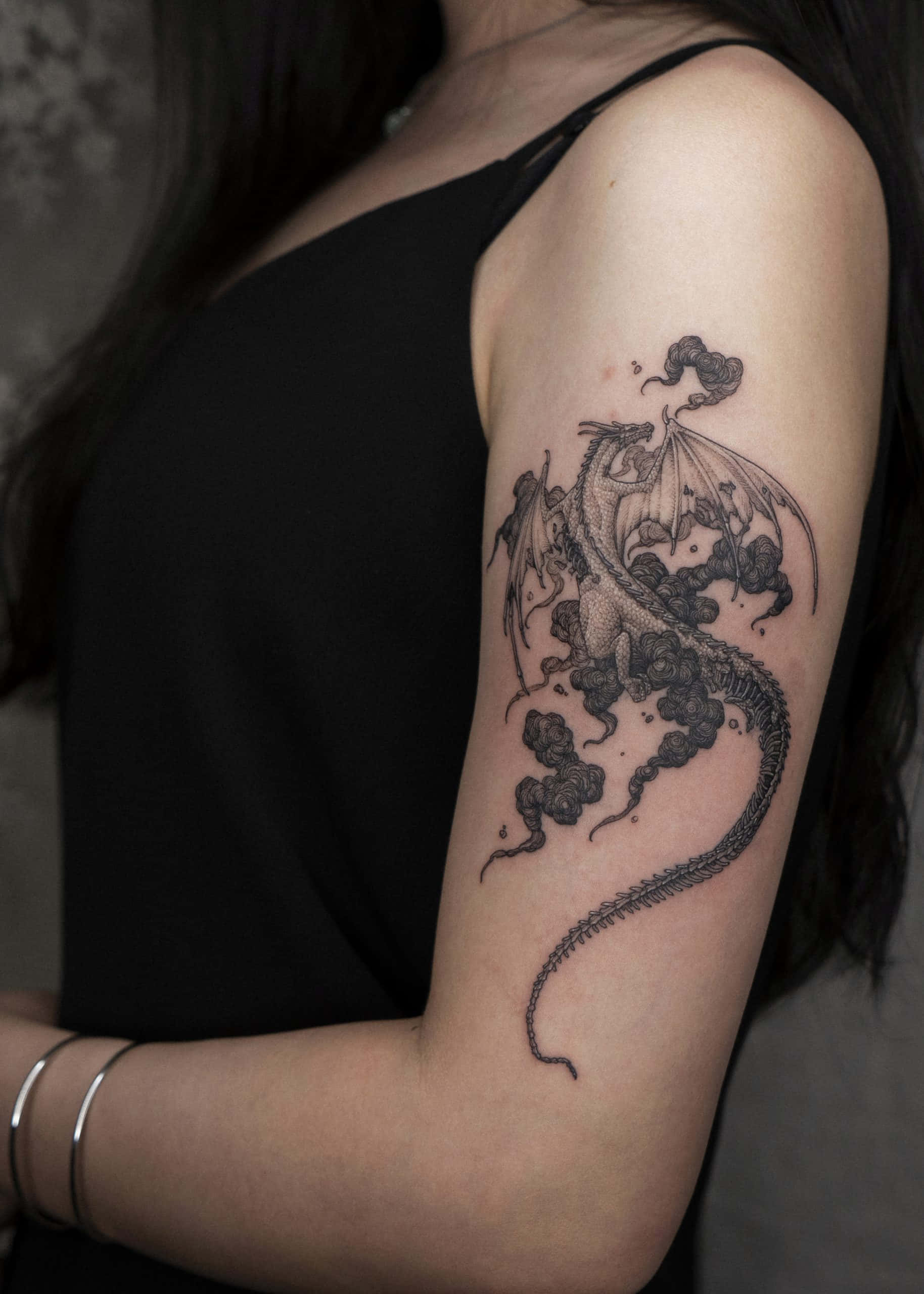 mystical dragon, black ink dragon tattoo, swirling through clouds, 2K Phone Wallpaper
