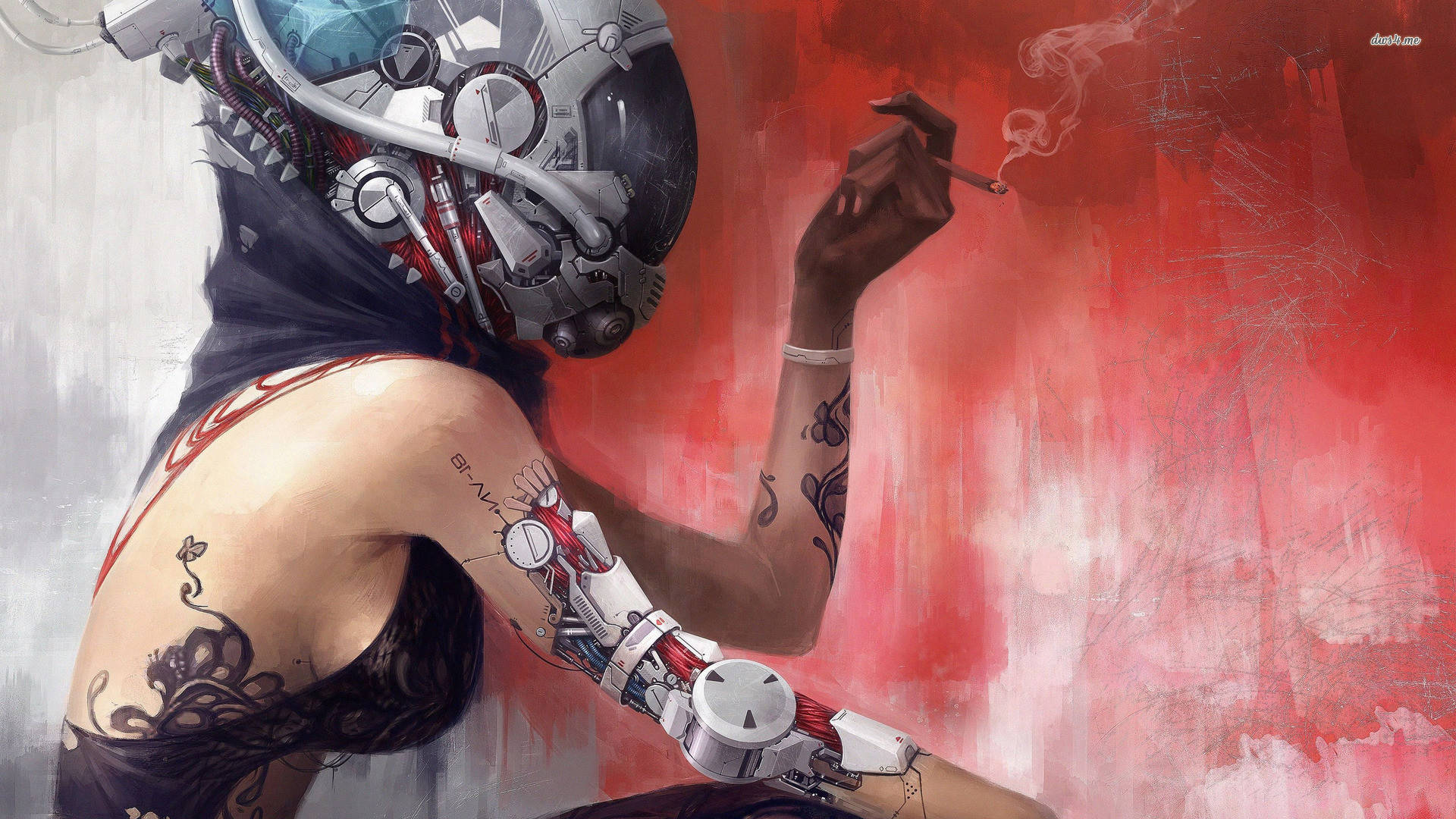 cyberpunk woman, mechanical arm, helmet, Full HD Desktop Wallpaper
