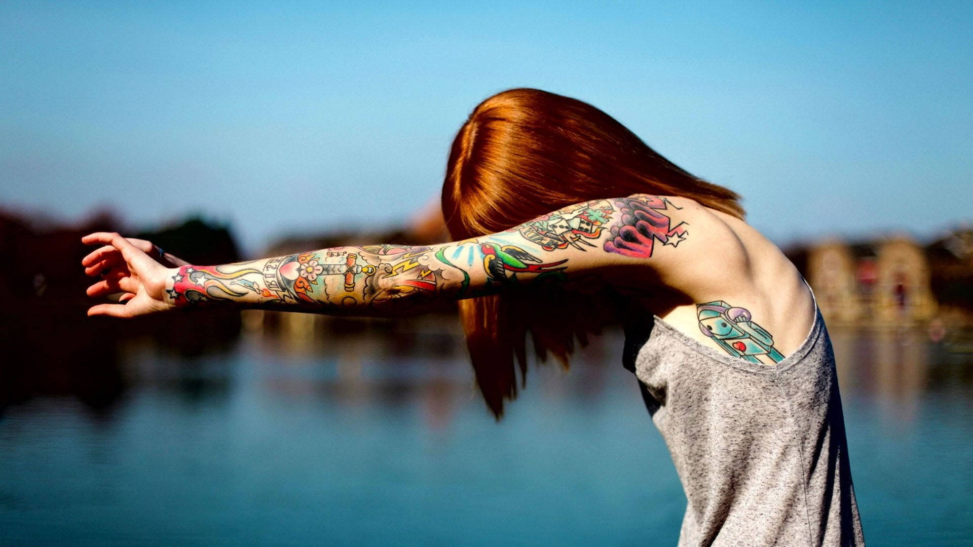 colorful arm tattoo, vibrant tattoos, calm lake, Full HD Desktop Wallpaper