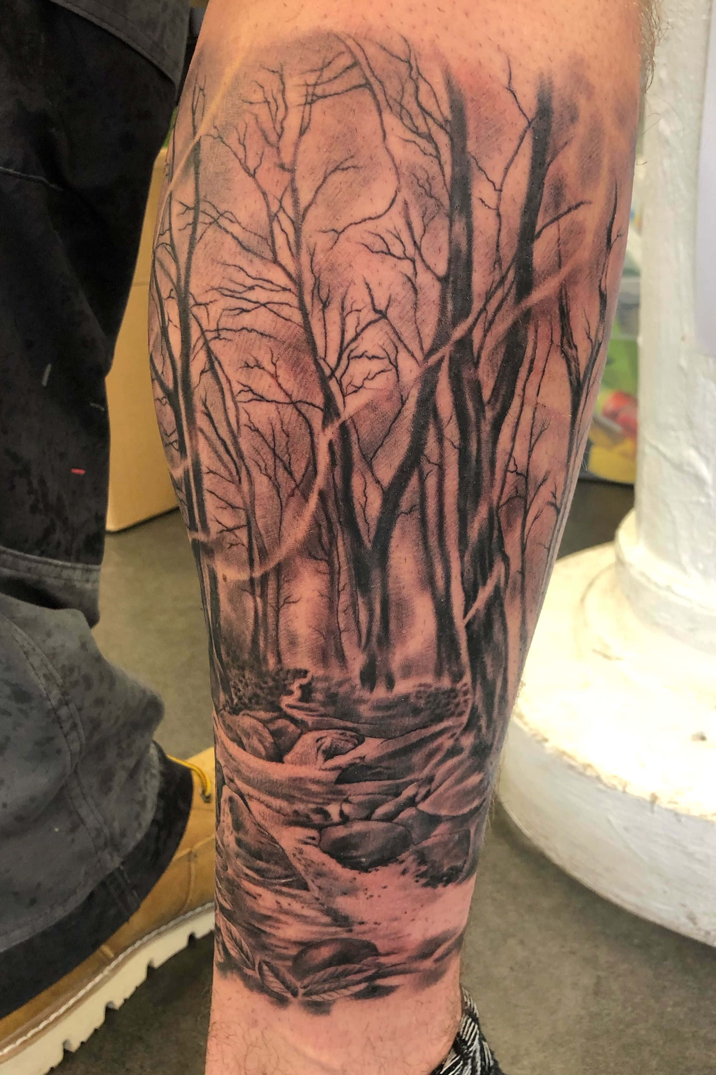 enigmatic forest tattoo sleeve, black and gray, bare trees, 2K Phone Wallpaper