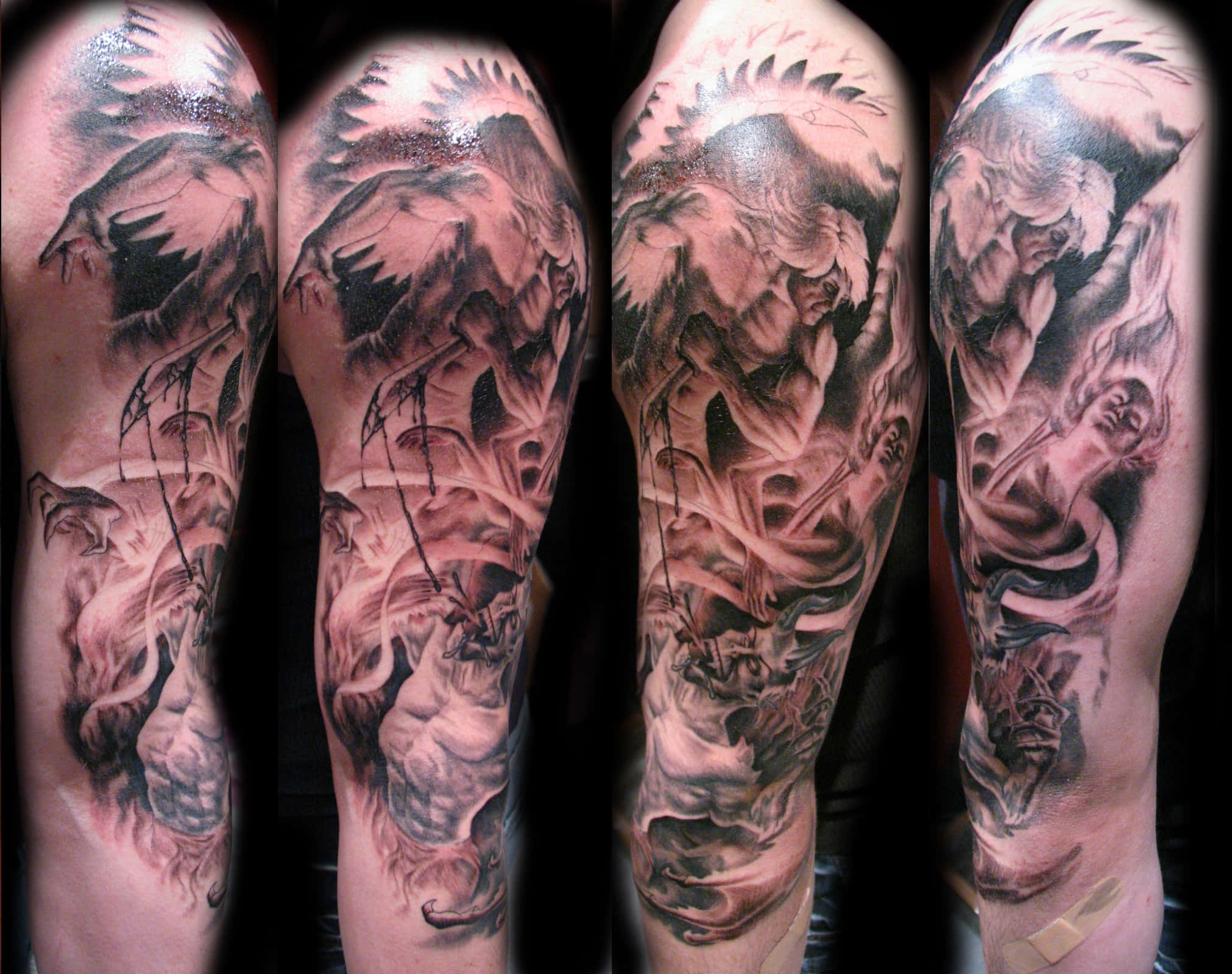 epic fantasy arm sleeve tattoo, black and grey, mythological figures, Full HD Desktop Wallpaper