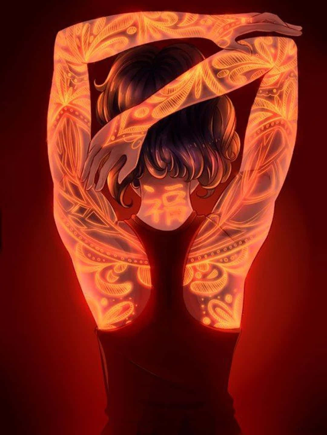 glowing orange floral tattoos, heart shape, glowing Chinese character, HD Phone Wallpaper