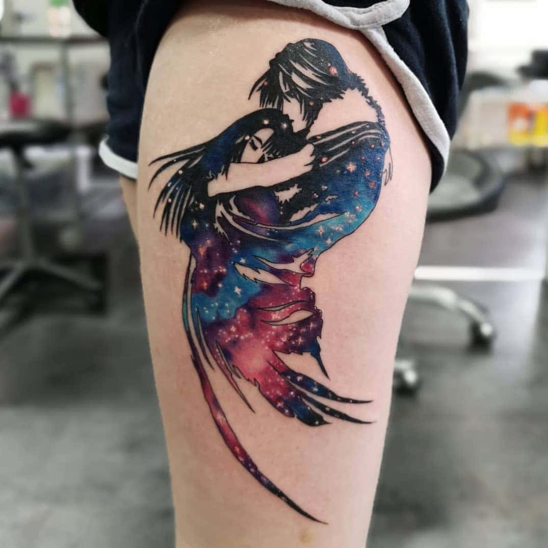 cosmic embrace, galaxy-themed tattoo, two figures embracing, SD Desktop Wallpaper