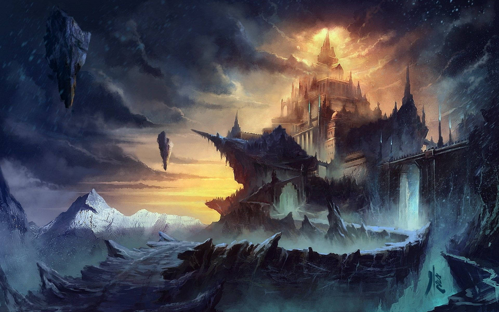 gothic castle, jagged cliff, stormy twilight sky, Full HD Desktop Wallpaper
