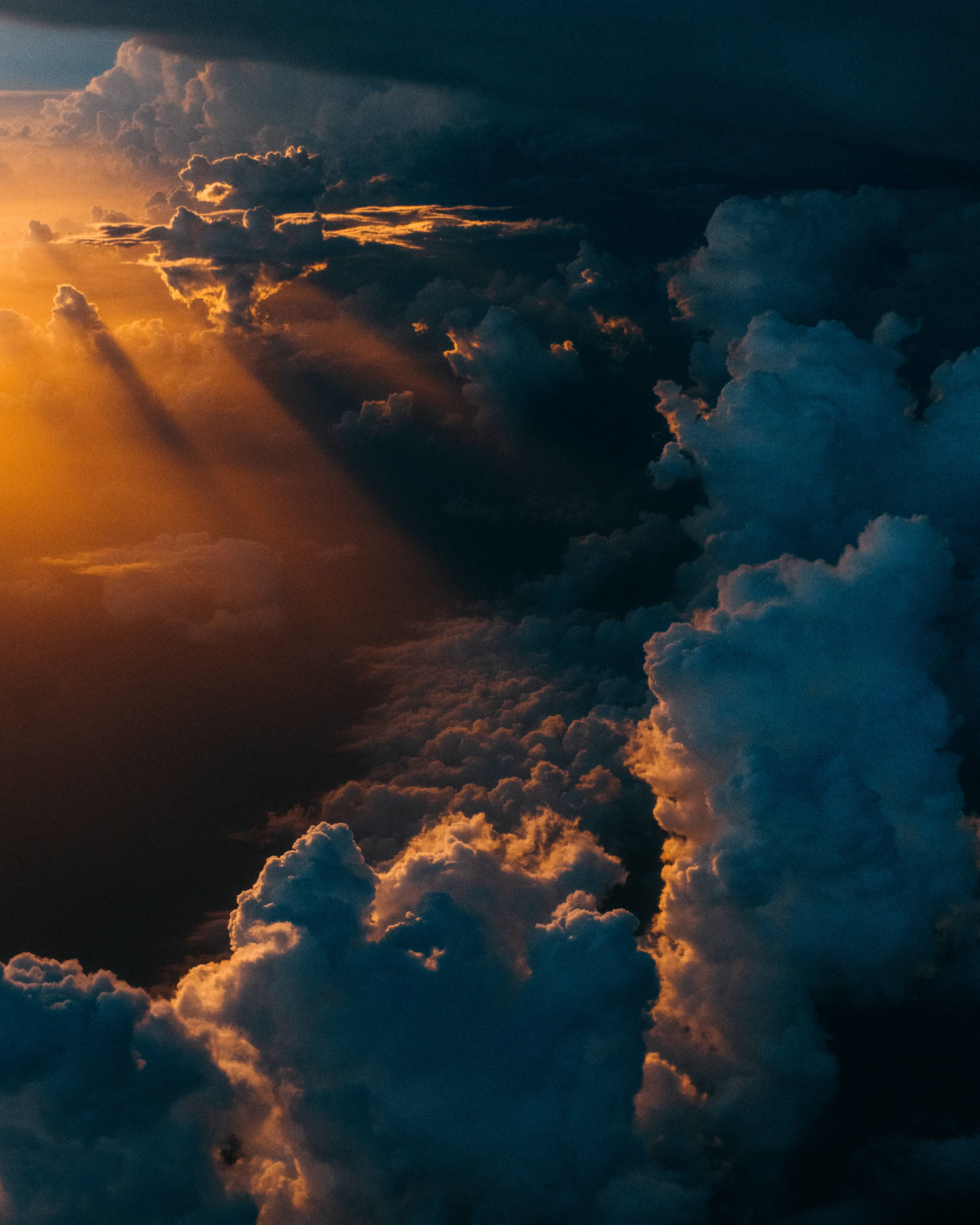 Dramatic Sky, golden sunbeams, towering clouds, 4K Phone Wallpaper