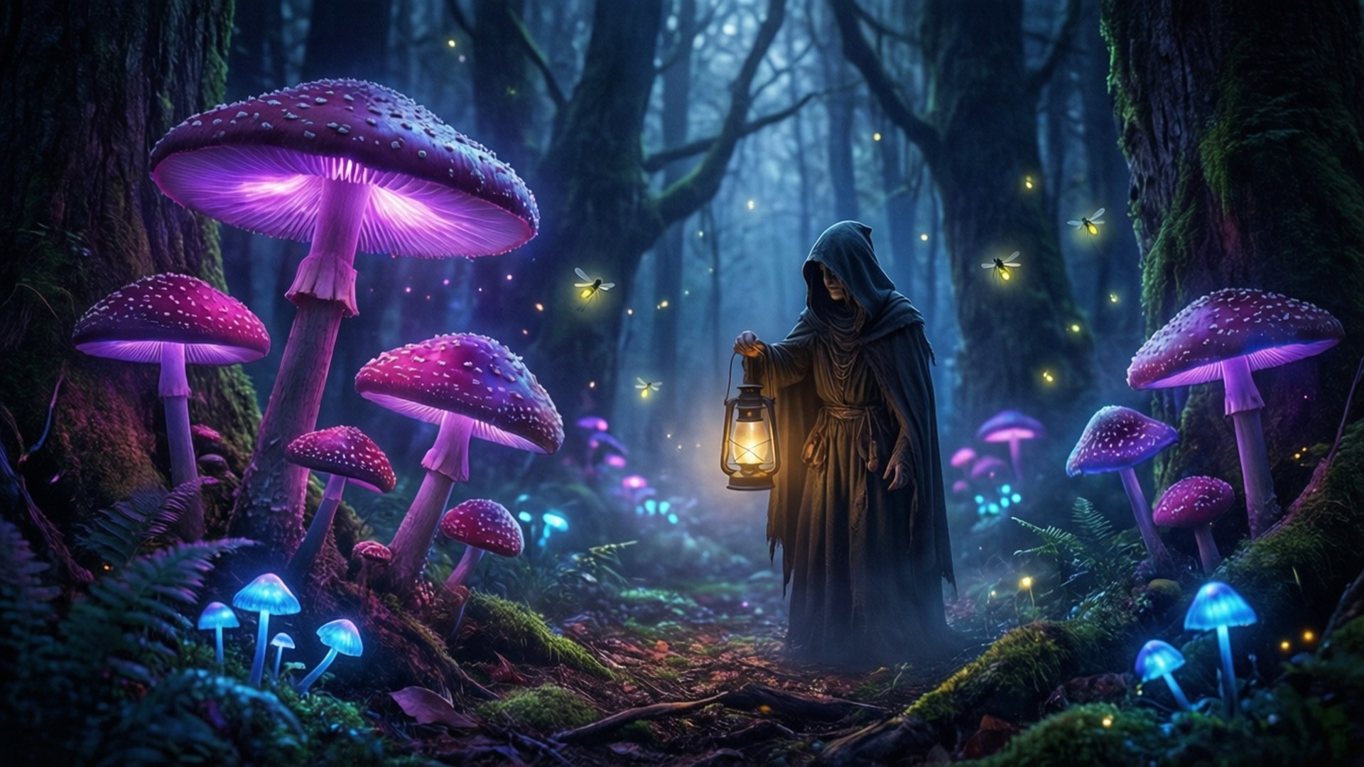 Enchanted Forest Hooded, hooded figure, lantern, Full HD Desktop Wallpaper