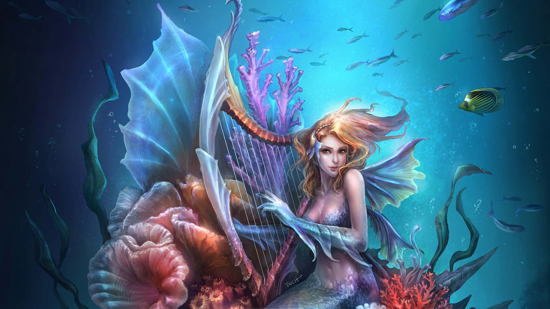 mermaid, harp, translucent wings, Full HD Desktop Wallpaper