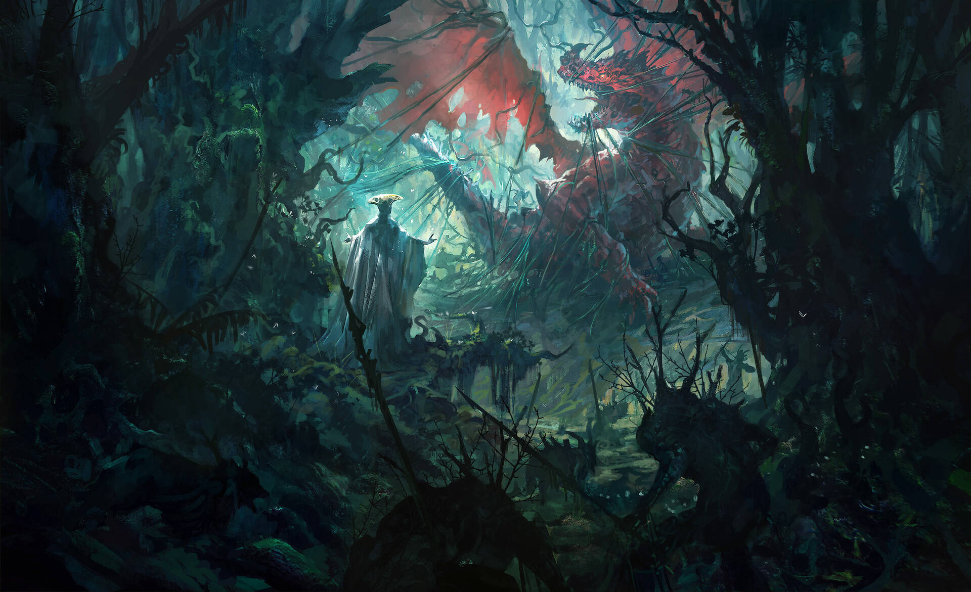 Fantasy Art, red dragon, hooded figure, Full HD Desktop Wallpaper