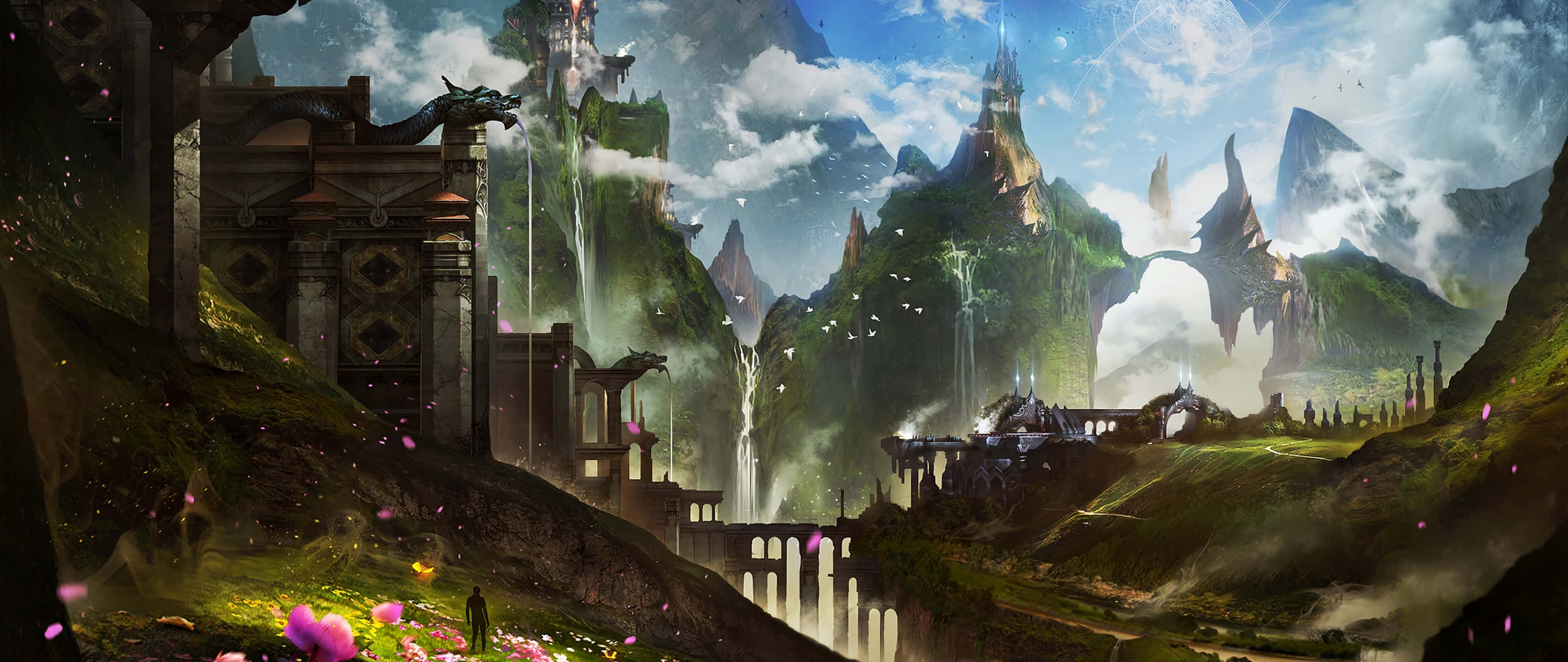 ancient ruins, lush fantasy valley, floating islands, 2K Desktop Wallpaper