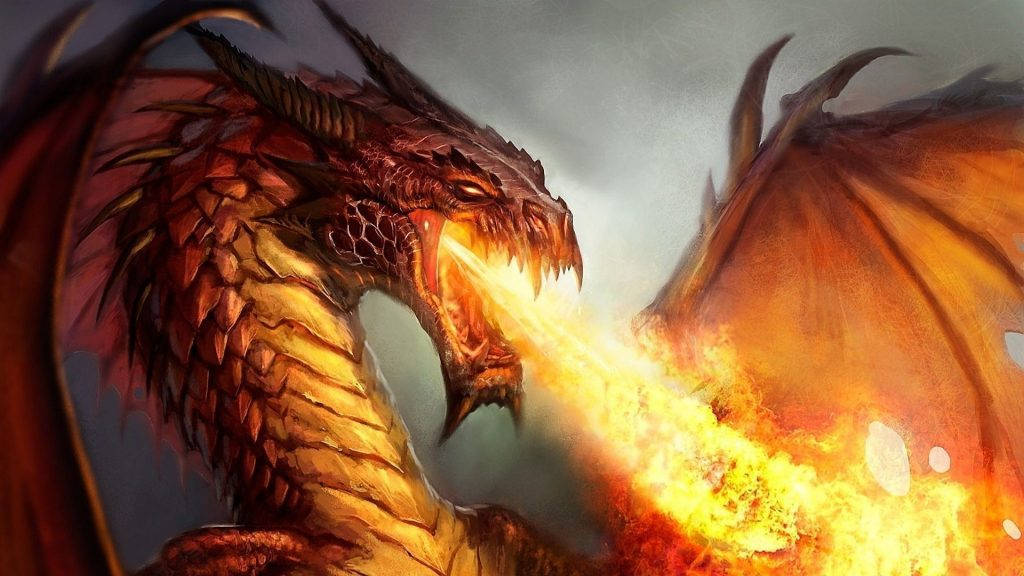 fire breathing red dragon, glowing eyes, intense flames, SD Desktop Wallpaper