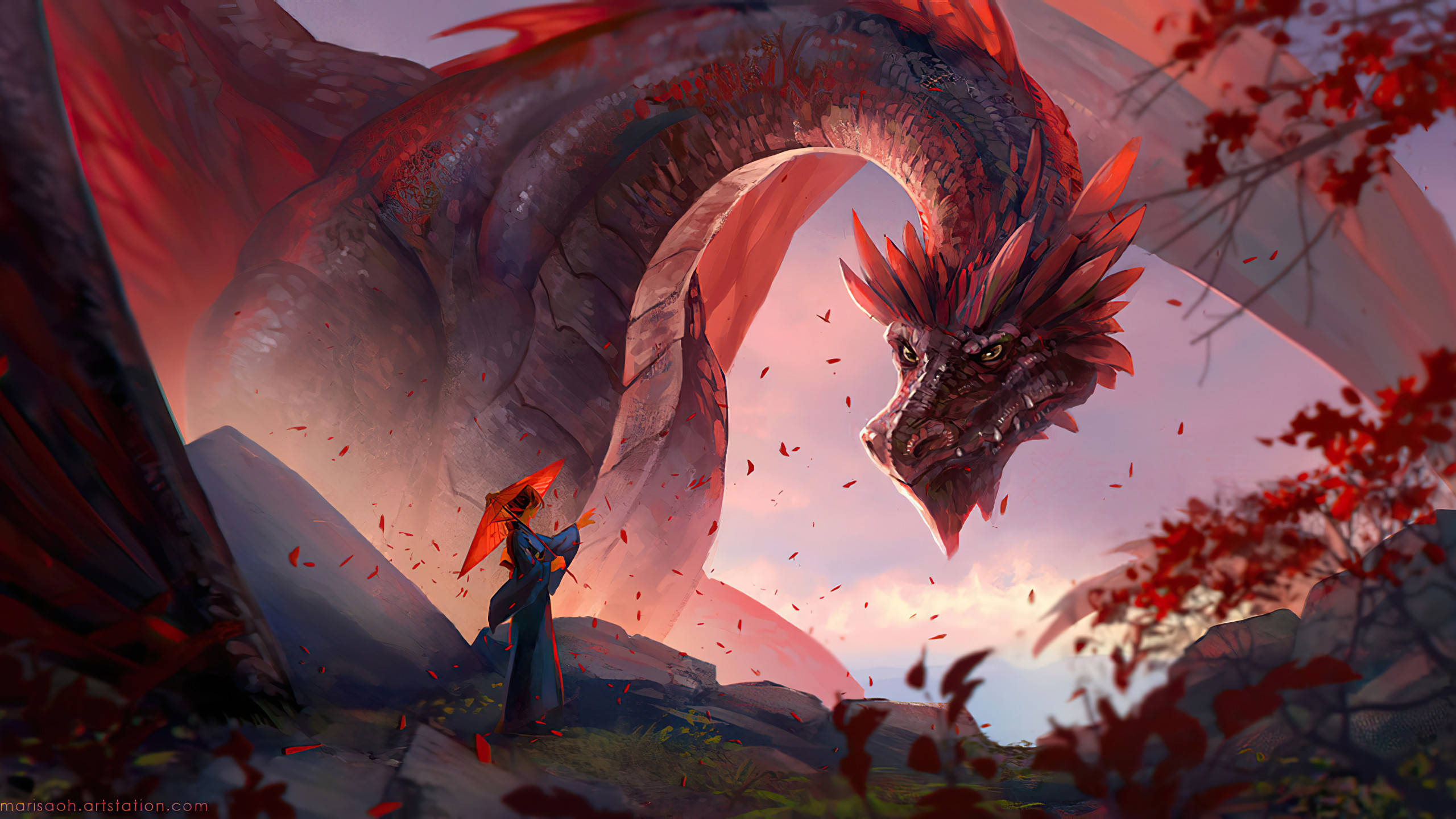 huge red dragon, girl, orange umbrella, 2K Desktop Wallpaper
