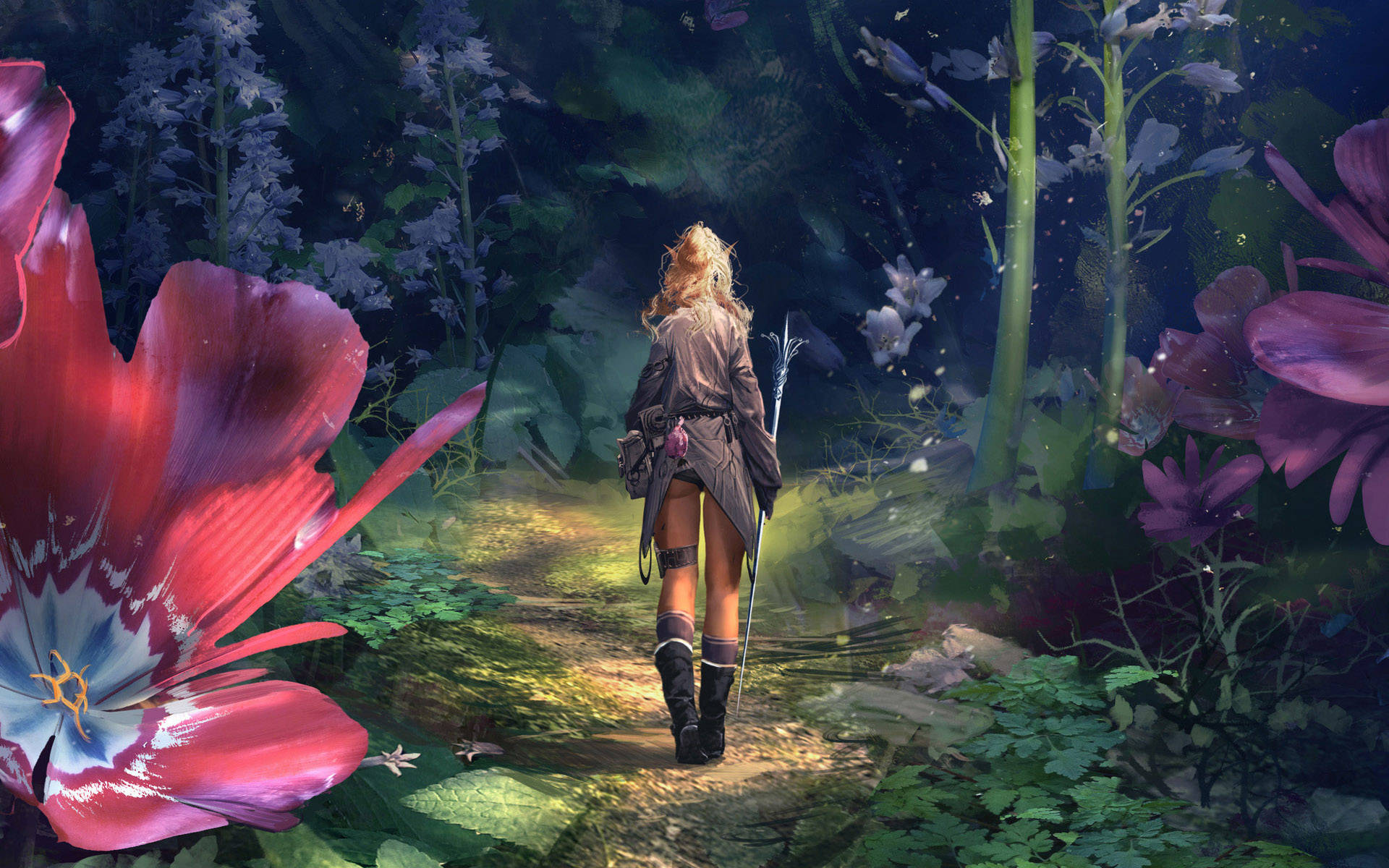 female elf, mystical forest path, giant glowing flowers, Full HD Desktop Wallpaper