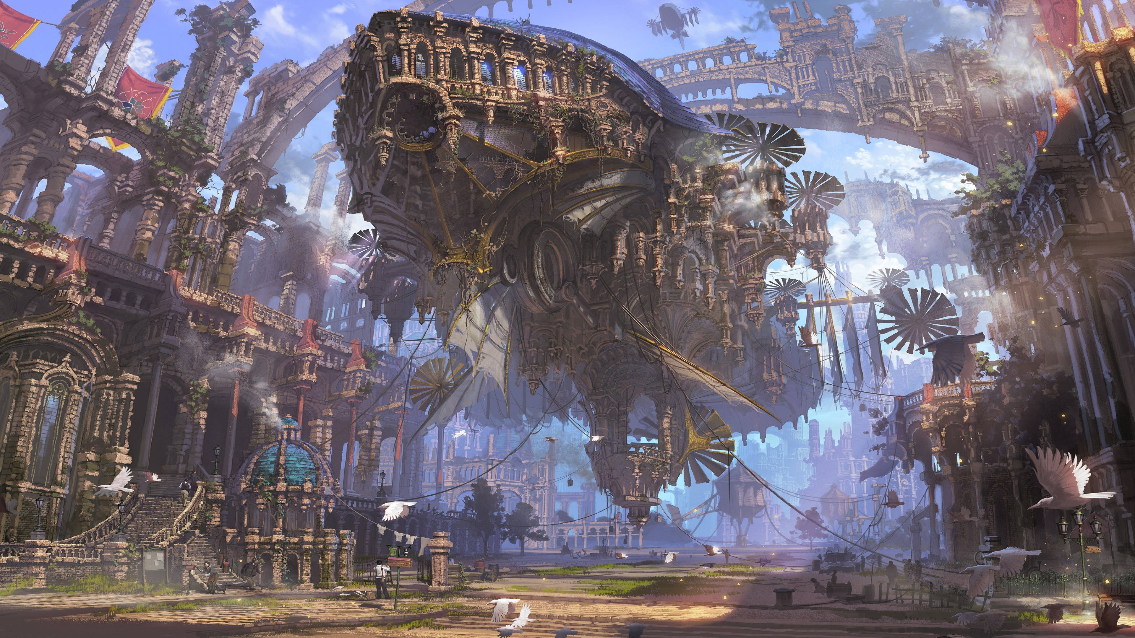 steampunk, colossal ornate airship, gothic cityscape, 4K Desktop Wallpaper
