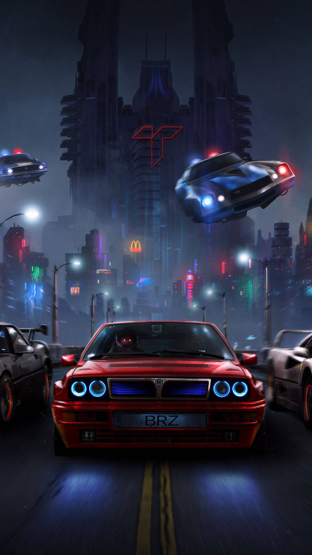 red sports car, glowing blue headlights, neon-lit futuristic city, Full HD Phone Wallpaper